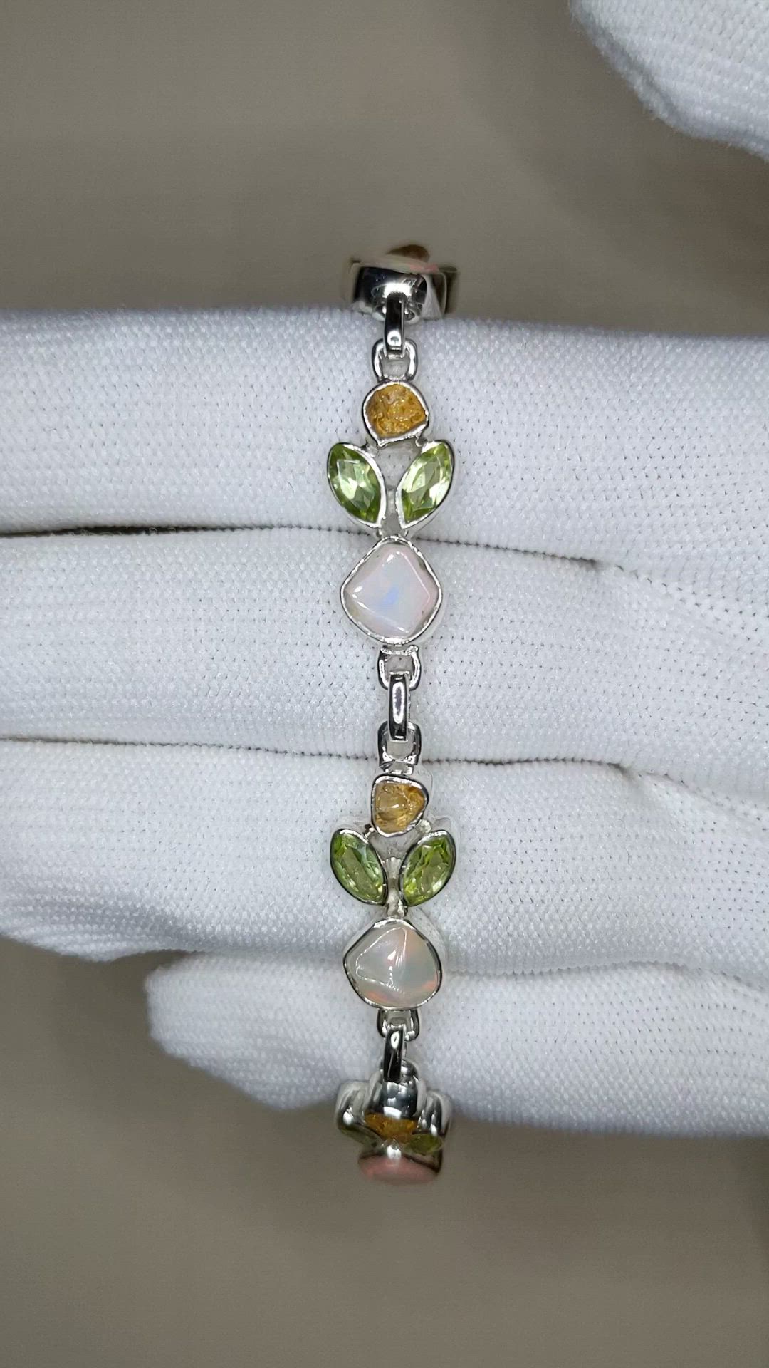 12.26 Ct.Tw.Total Carat Weight Green (Lime Green) Peridot, Multi Color White Opal (Light Opal) and Yellow Citrine Bezel Bracelet, Silver Size Video