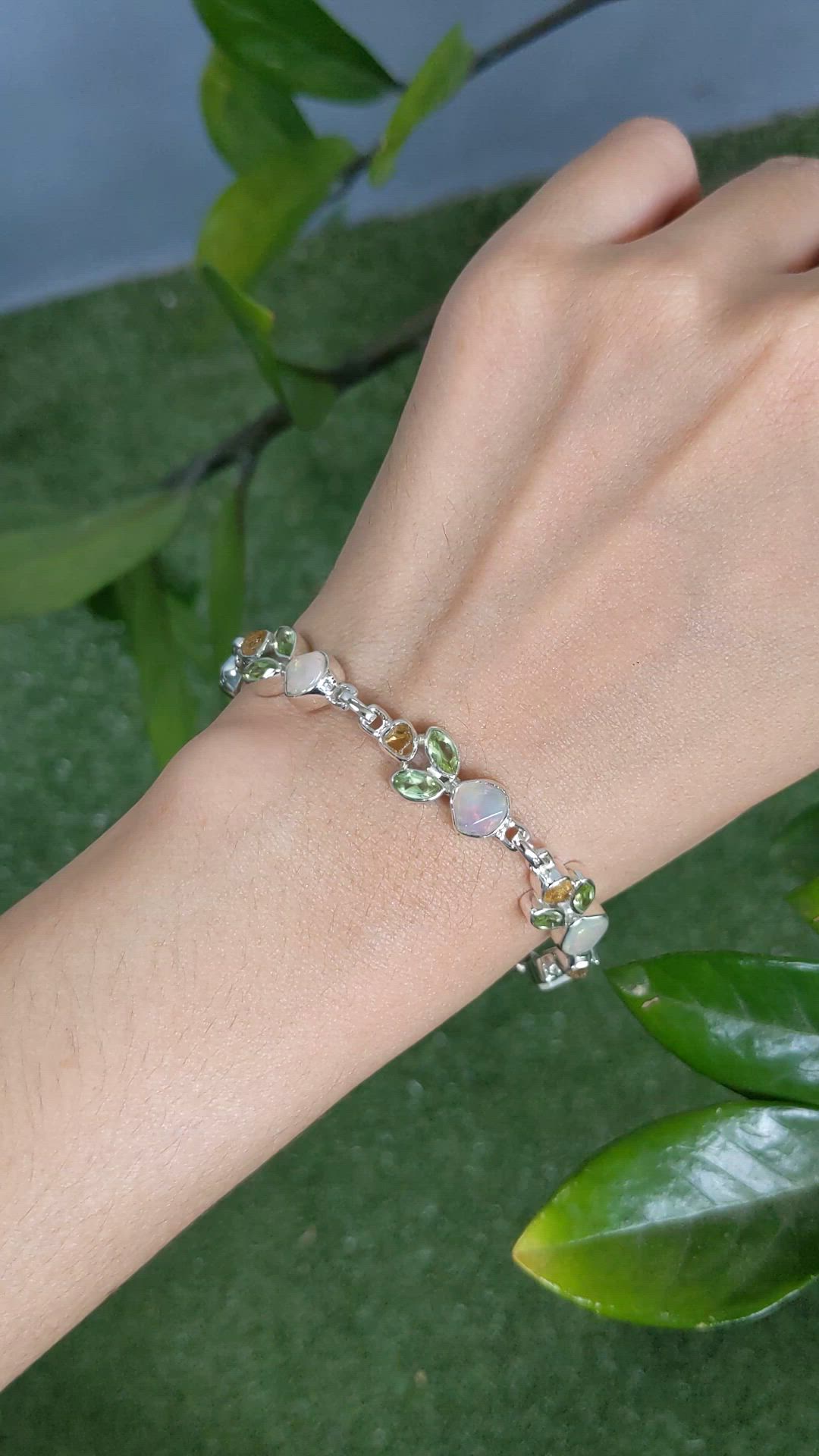 12.26 Ct.Tw.Total Carat Weight Green (Lime Green) Peridot, Multi Color White Opal (Light Opal) and Yellow Citrine Bezel Bracelet, Silver Size Video