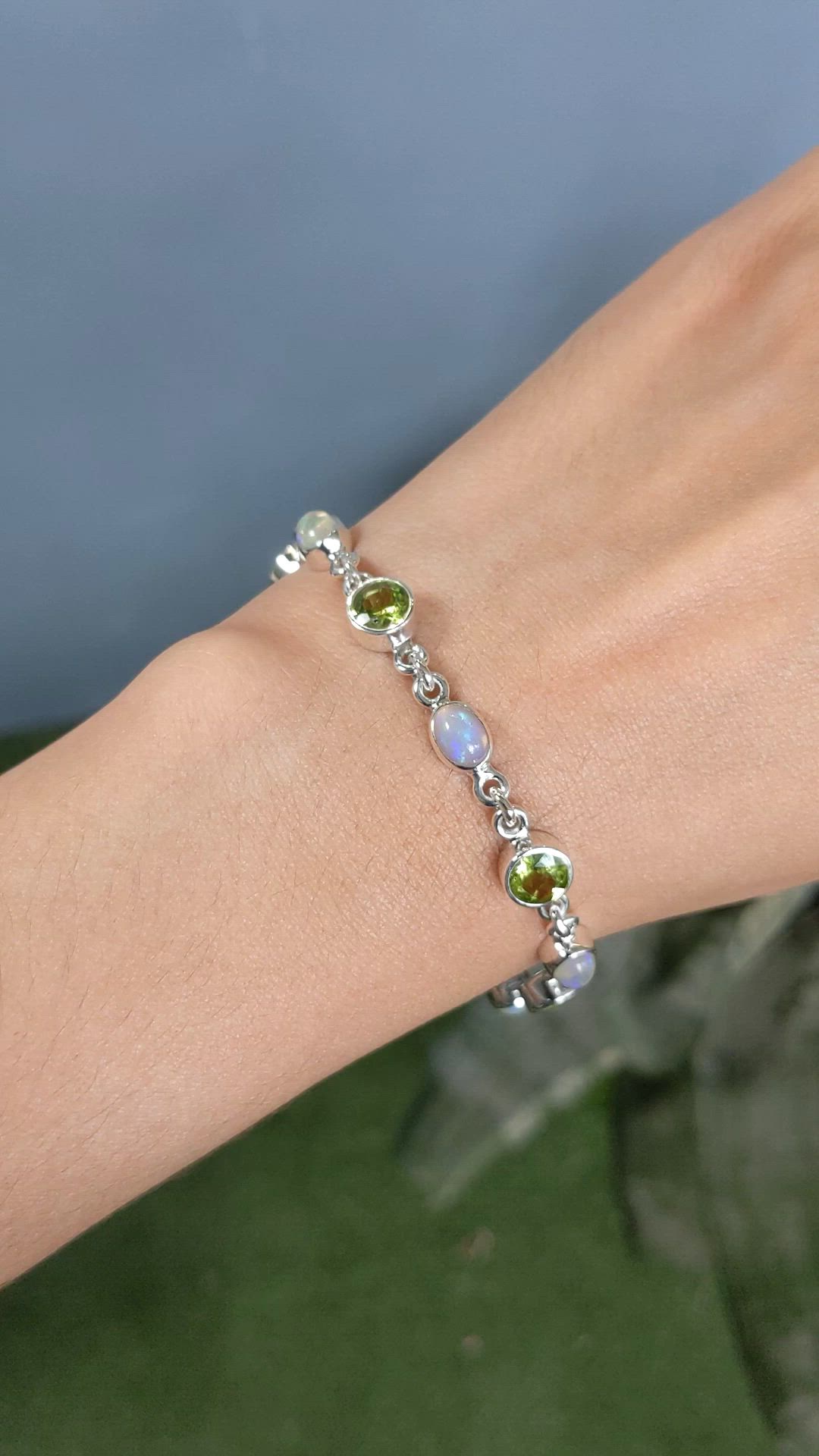 6.83 Ct.Tw.Total Carat Weight Multi Color Crystal Opal (Jelly Opal) and Green (Lime Green) Peridot Bezel Bracelet, Silver Size Video