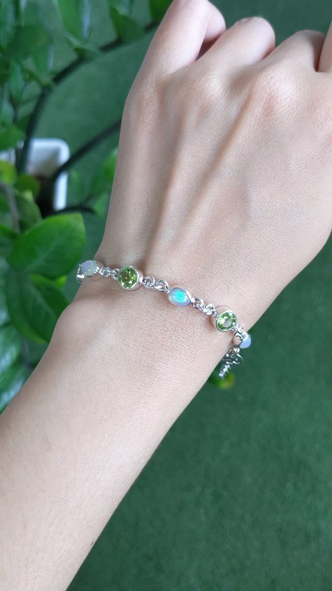 6.83 Ct.Tw.Total Carat Weight Multi Color Crystal Opal (Jelly Opal) and Green (Lime Green) Peridot Bezel Bracelet, Silver Size Video