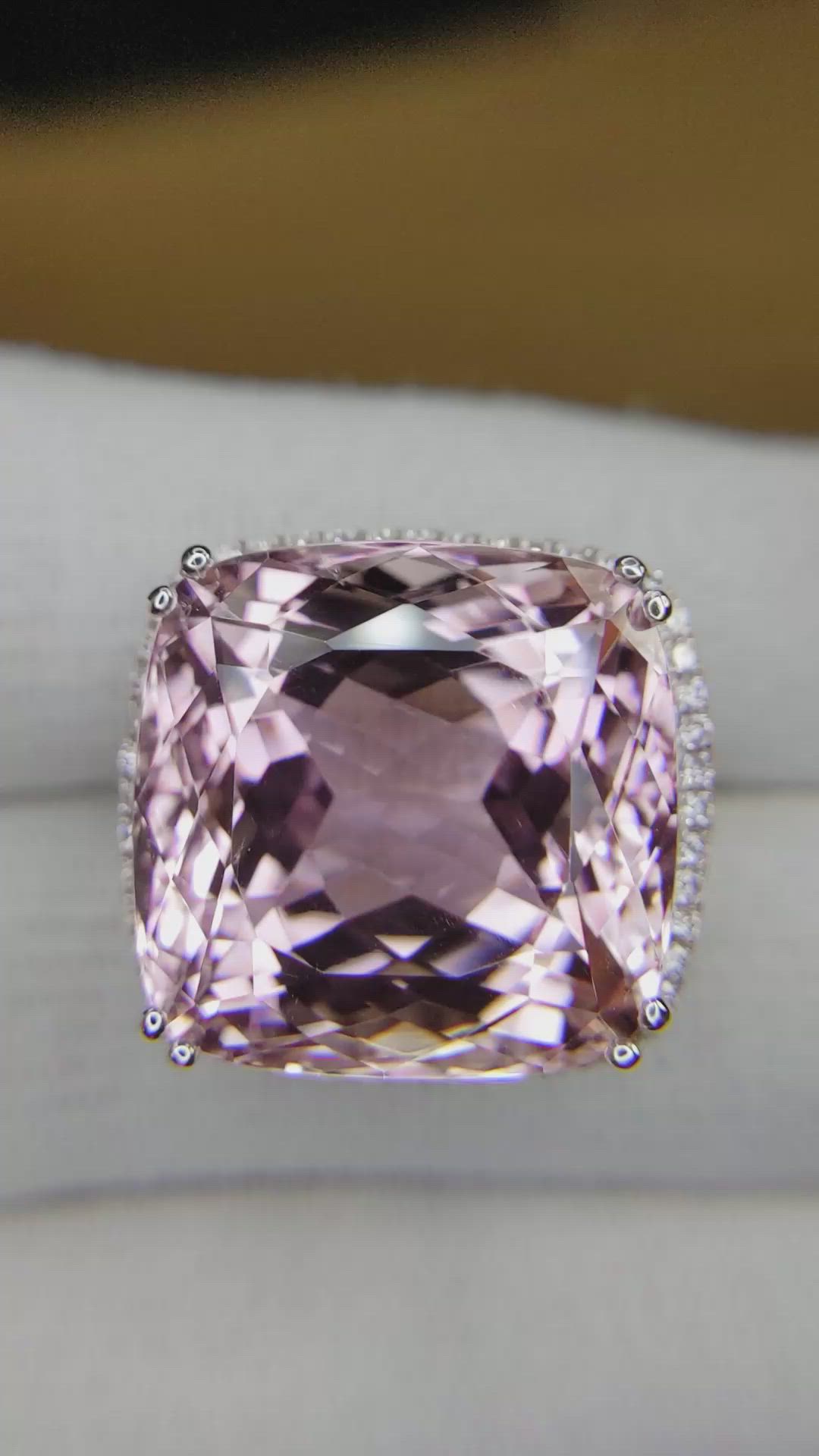 41.73 Ct. Pink Kunzite and Natural Diamond Halo Ring, 14K White Gold Size Video