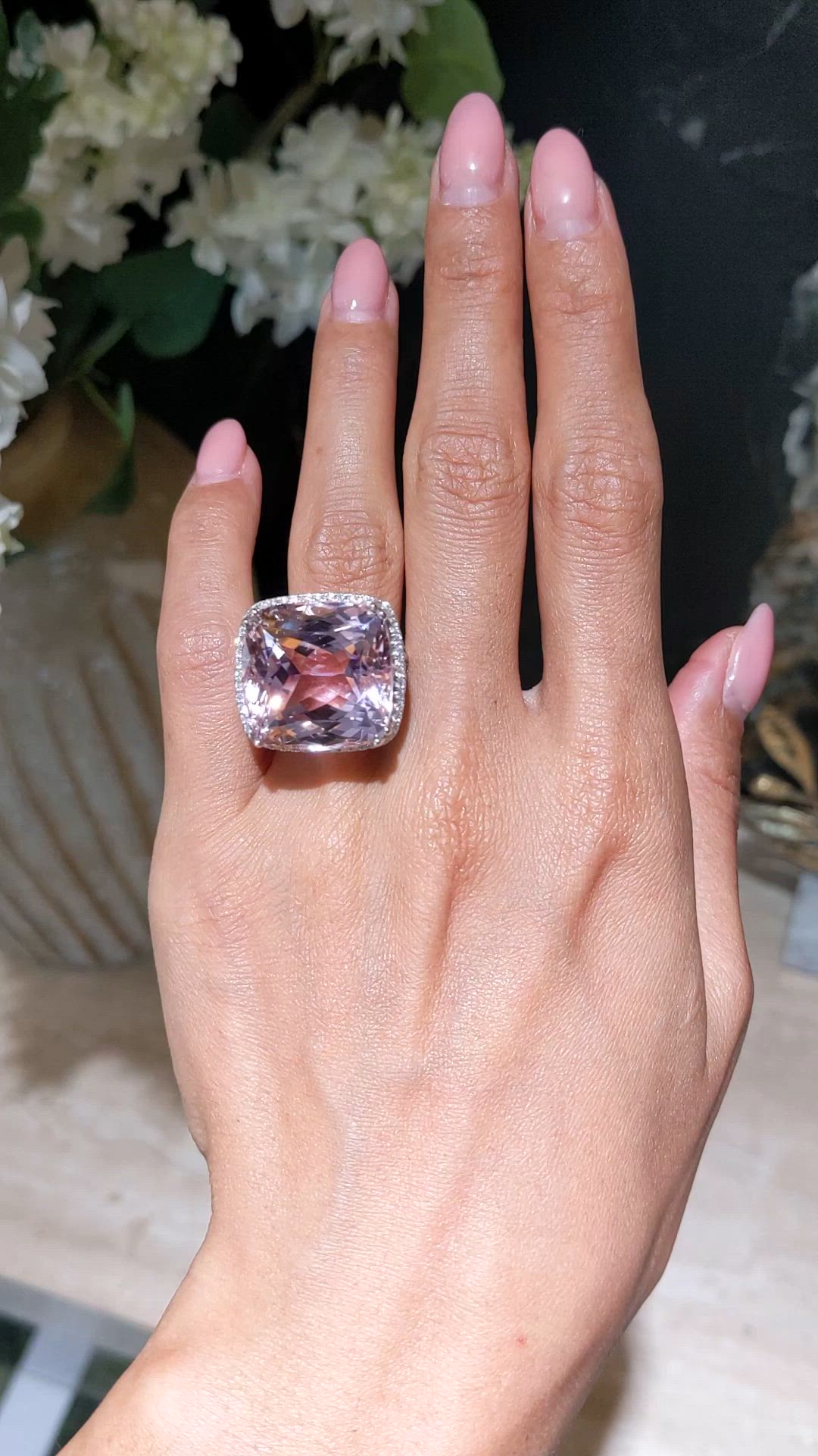 41.73 Ct. Pink Kunzite and Natural Diamond Halo Ring, 14K White Gold Size Video