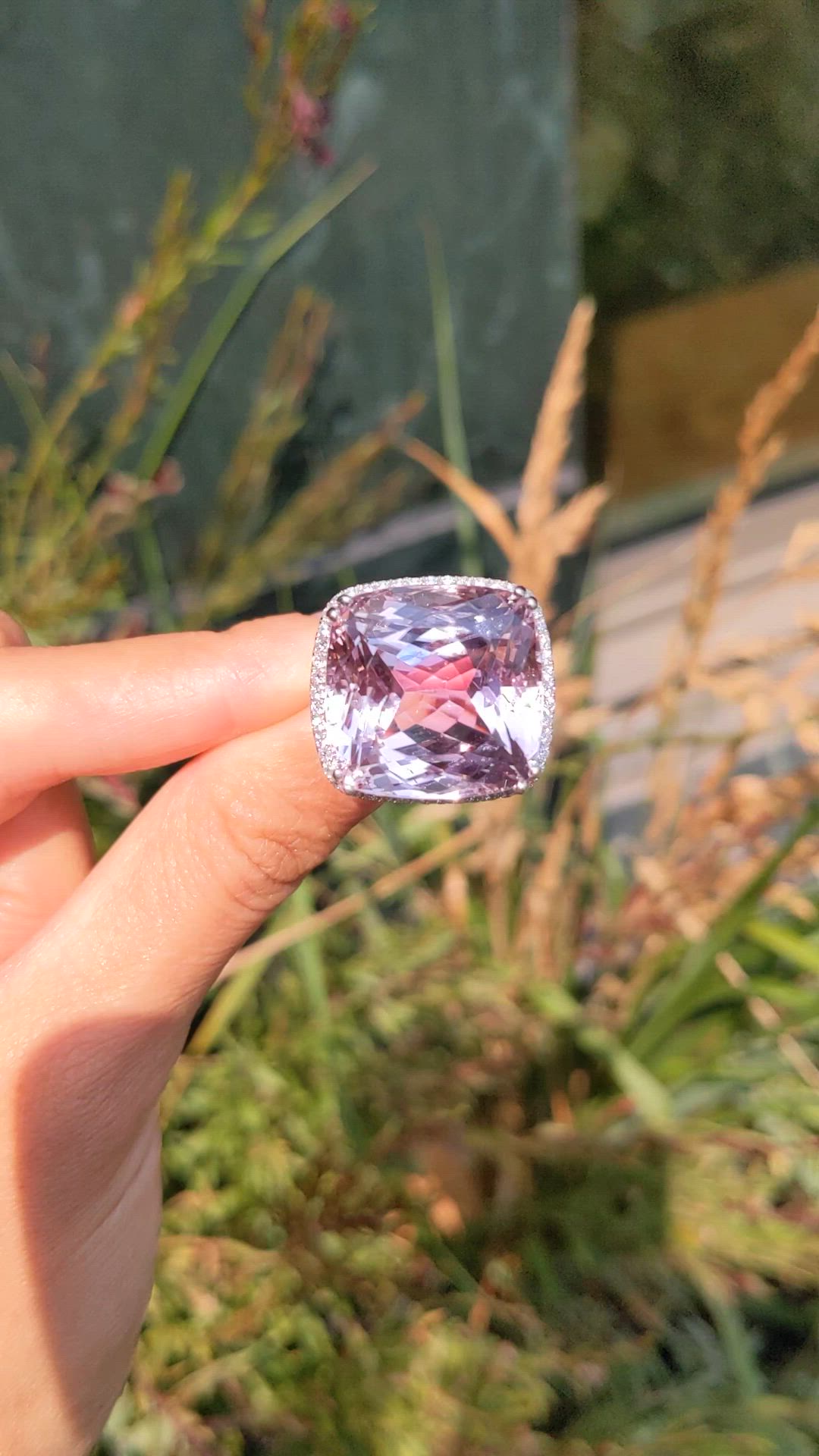 41.73 Ct. Pink Kunzite and Natural Diamond Halo Ring, 14K White Gold Size Video