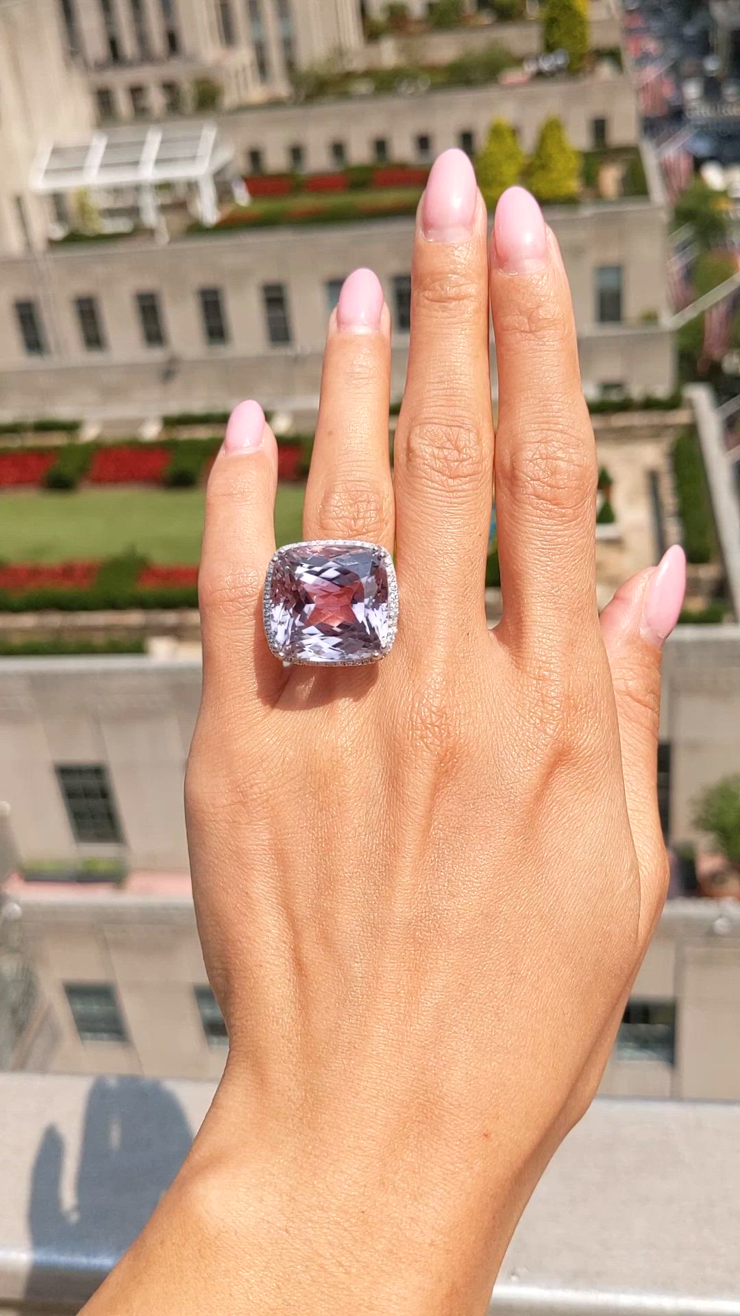 41.73 Ct. Pink Kunzite and Natural Diamond Halo Ring, 14K White Gold Size Video