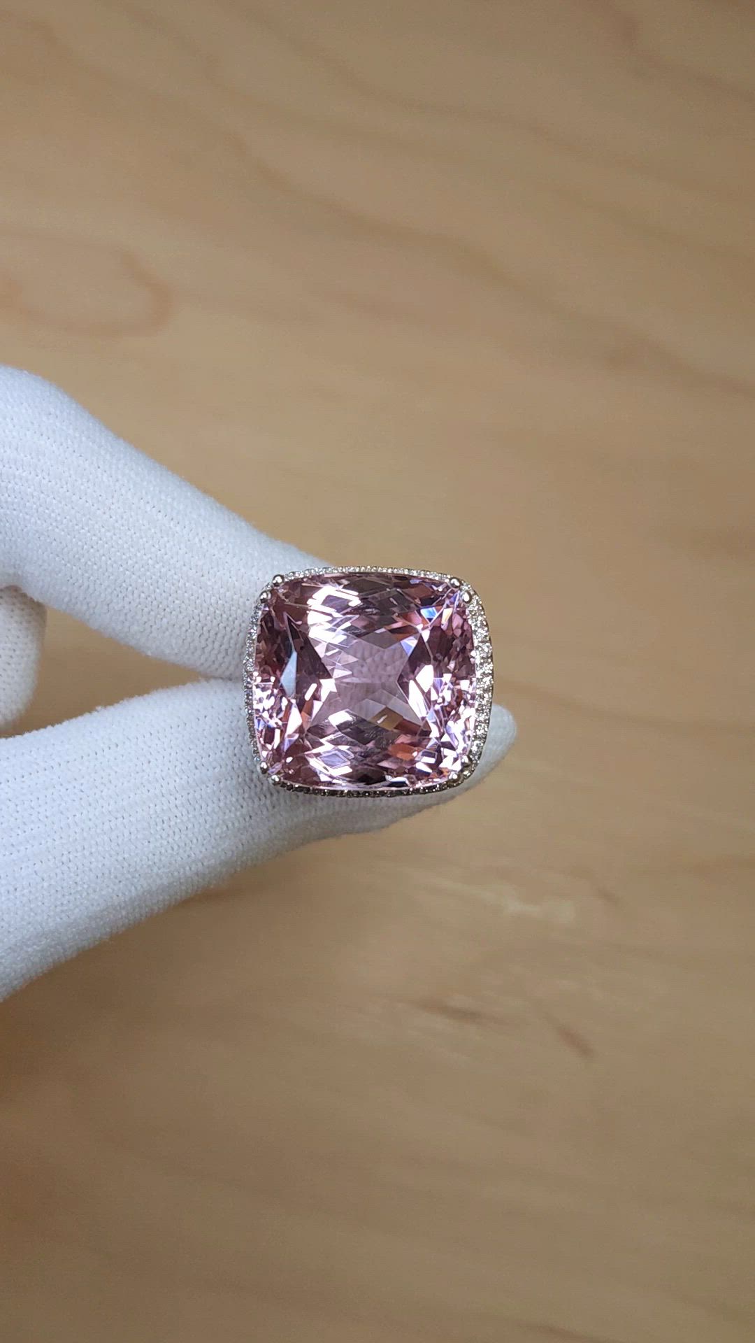 41.73 Ct. Pink Kunzite and Natural Diamond Halo Ring, 14K White Gold Size Video