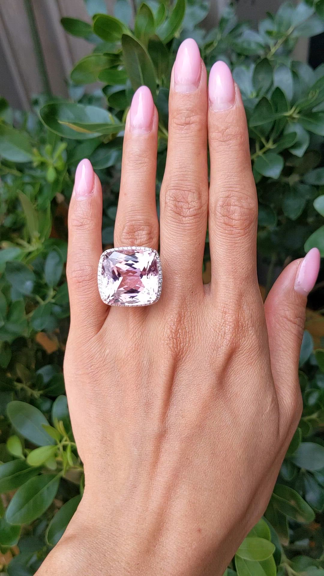 41.73 Ct. Pink Kunzite and Natural Diamond Halo Ring, 14K White Gold Size Video