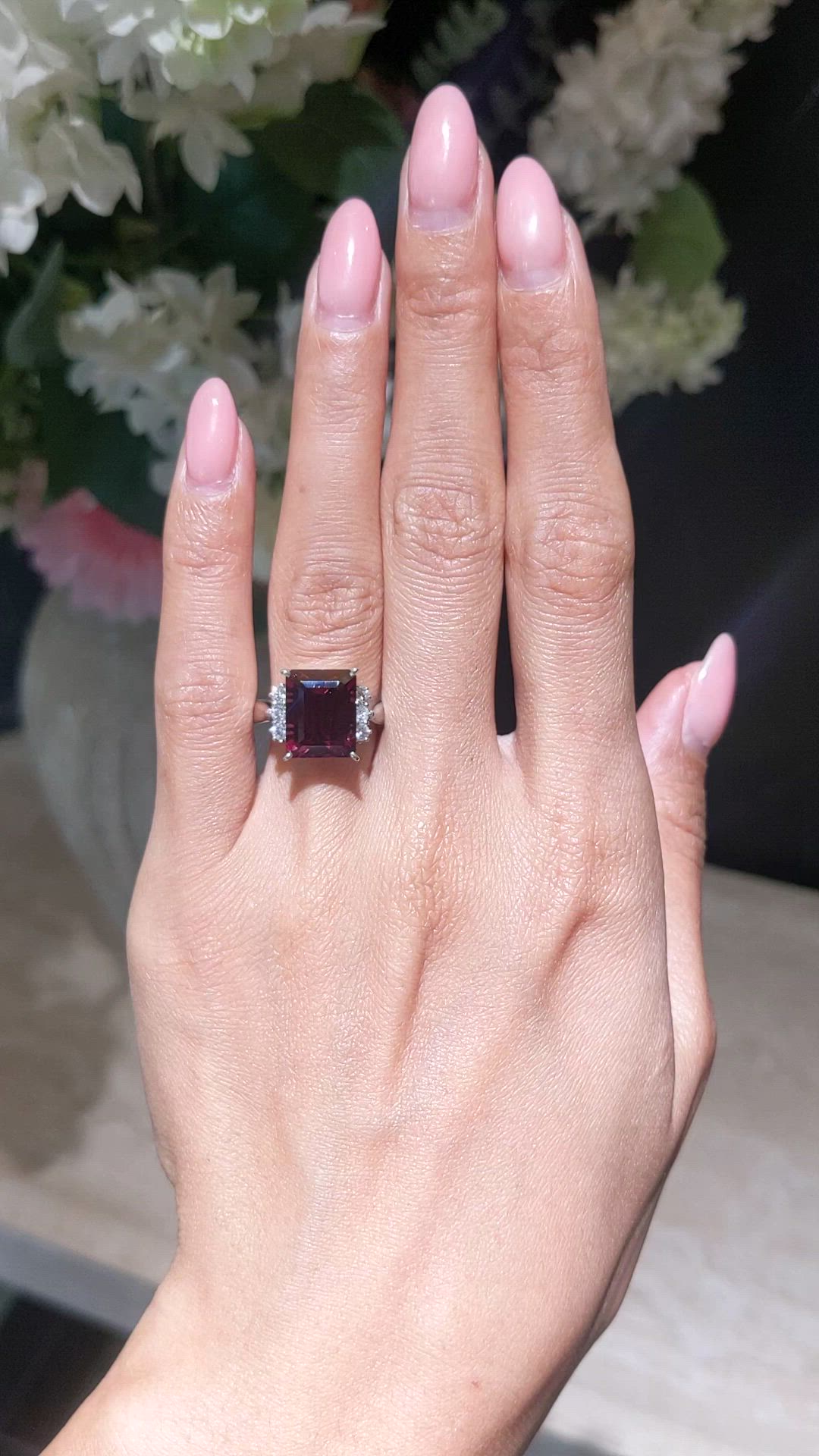 6.70 Ct. Red Garnet and Natural Diamond Pave Ring, Platinum 950 Size Video