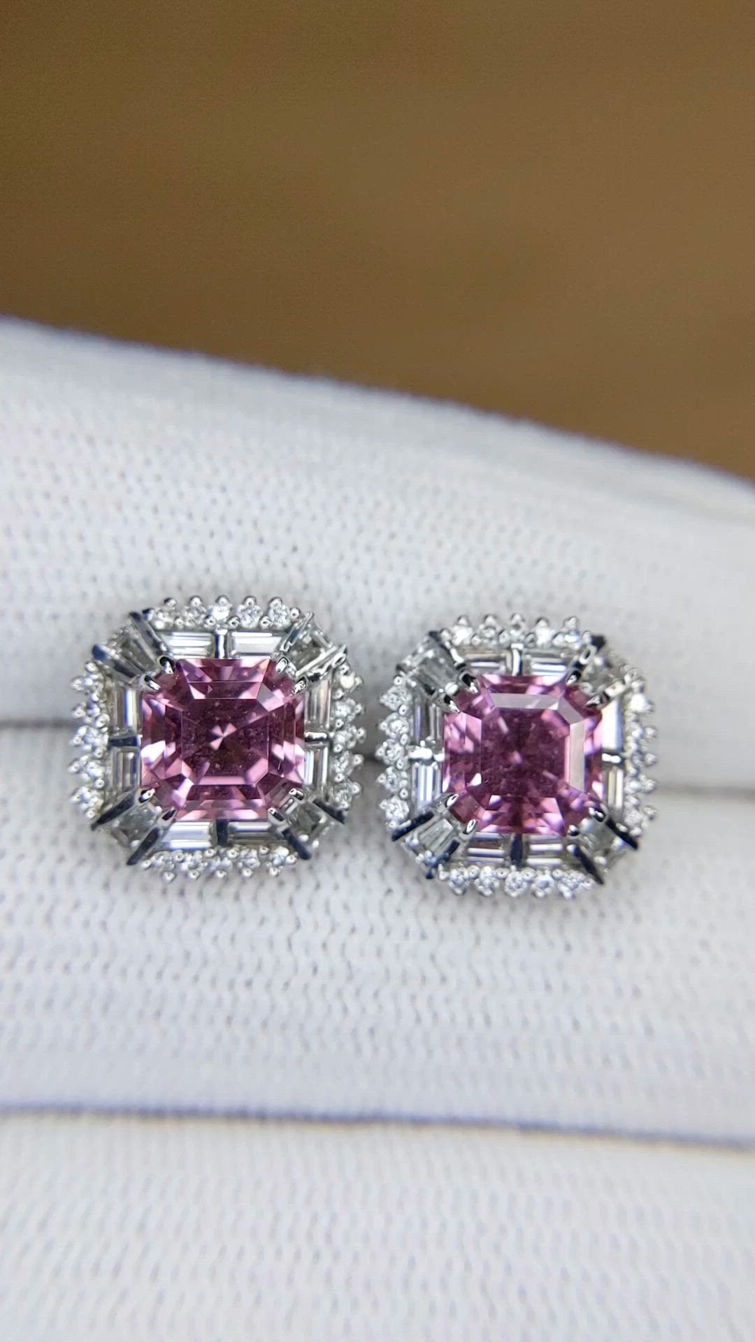 3.50 Ct.Tw.Total Carat Weight Pink Spinel and Natural Diamond Studs Earrings, 18K White Gold Size Video