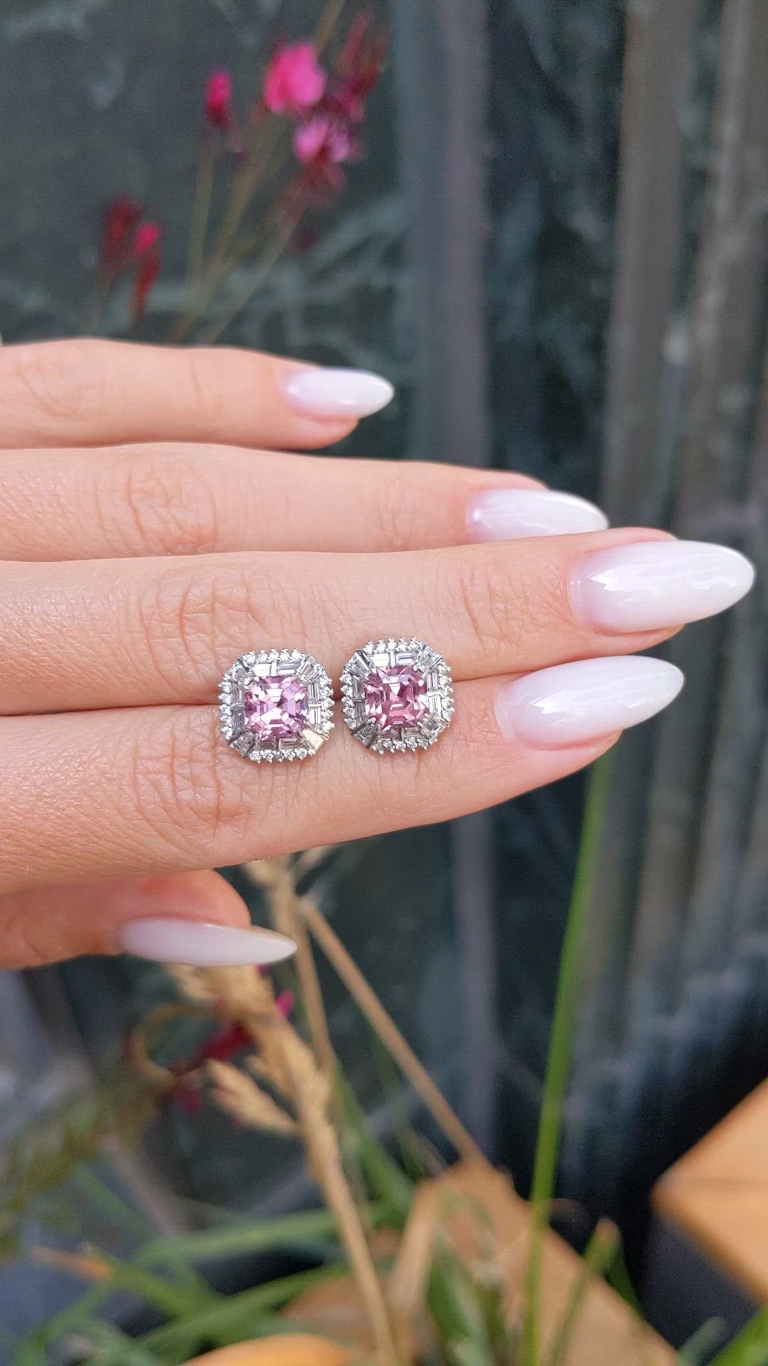 3.50 Ct.Tw.Total Carat Weight Pink Spinel and Natural Diamond Studs Earrings, 18K White Gold Size Video