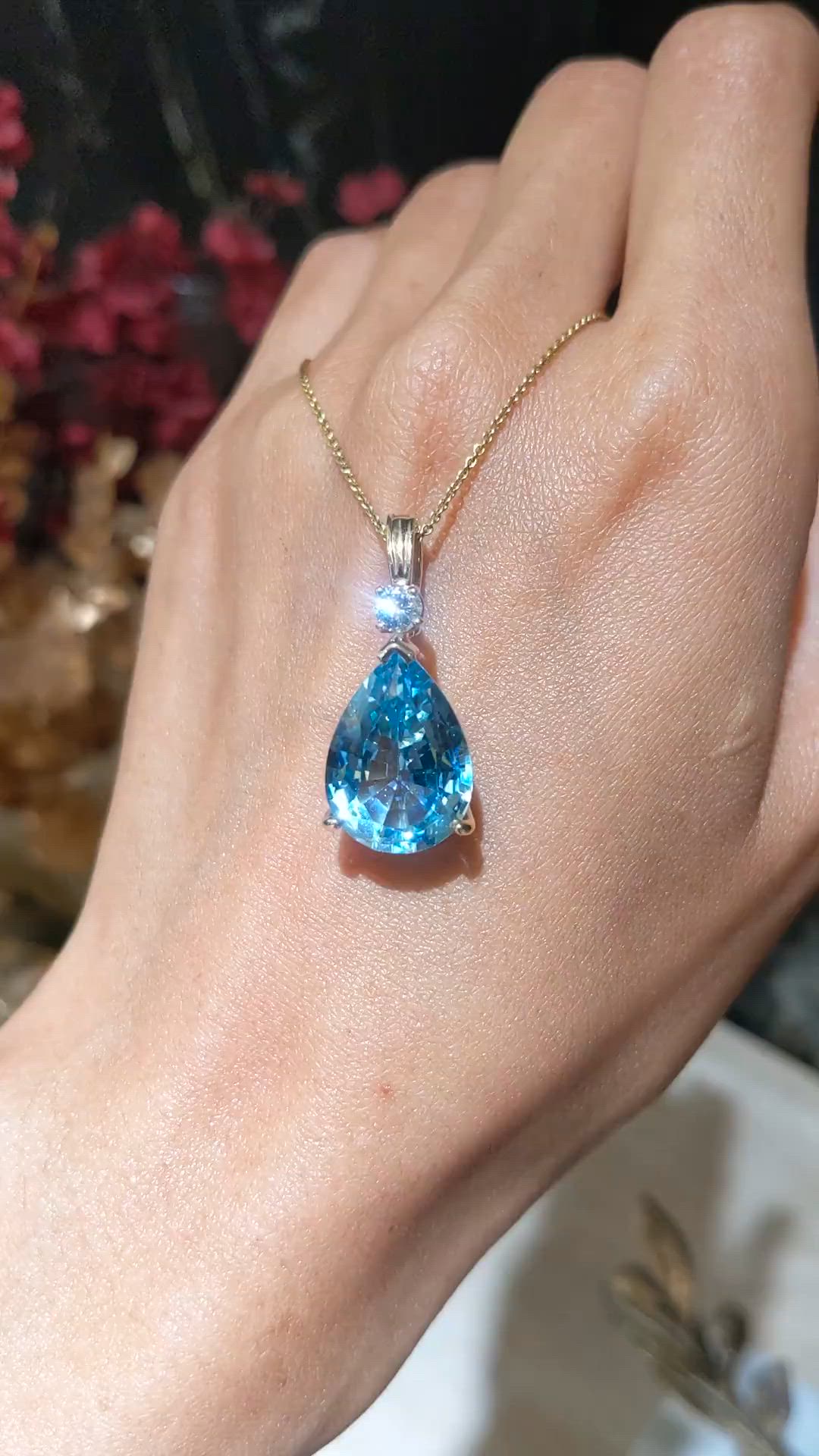 13.33 Ct. Blue Topaz and Natural Diamond Accent Stones Pendant, 14K Yellow Gold Size Video