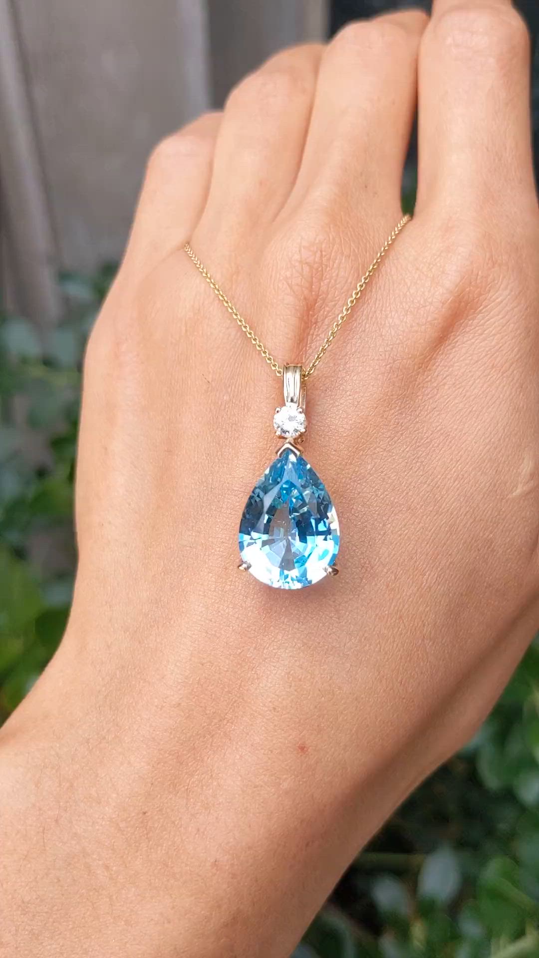 13.33 Ct. Blue Topaz and Natural Diamond Accent Stones Pendant, 14K Yellow Gold Size Video