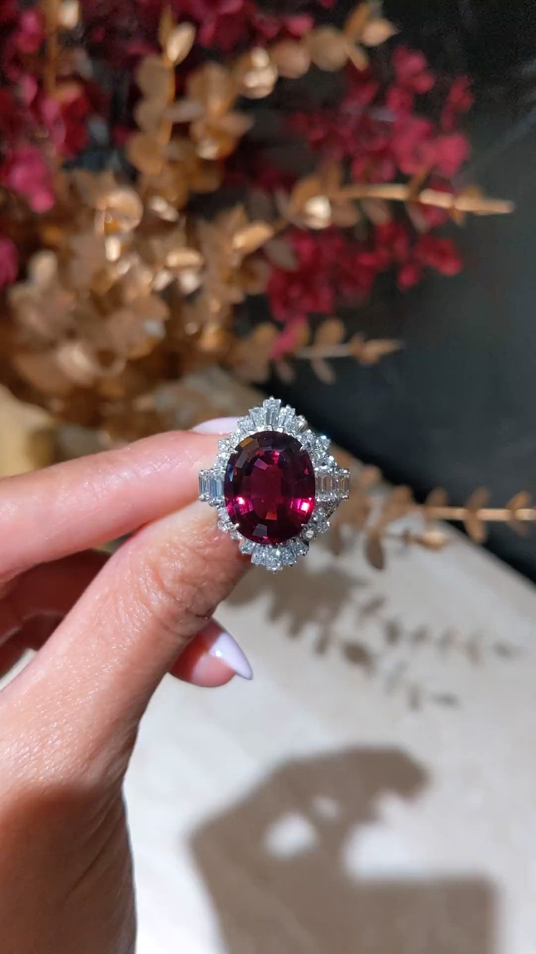10.89 Ct. Purple Garnet and Natural Diamond Accent Stones Ring, Platinum 950 Size Video