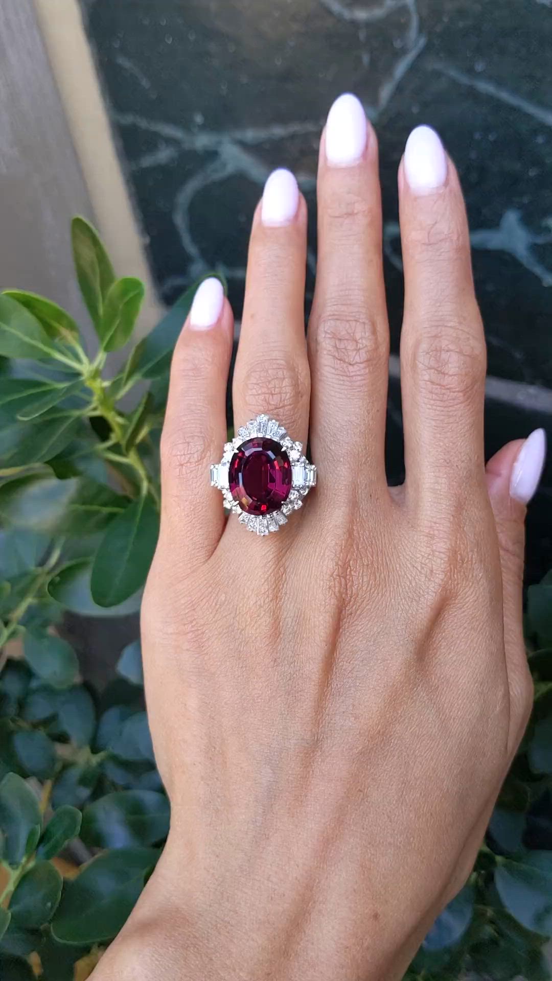 10.89 Ct. Purple Garnet and Natural Diamond Accent Stones Ring, Platinum 950 Size Video