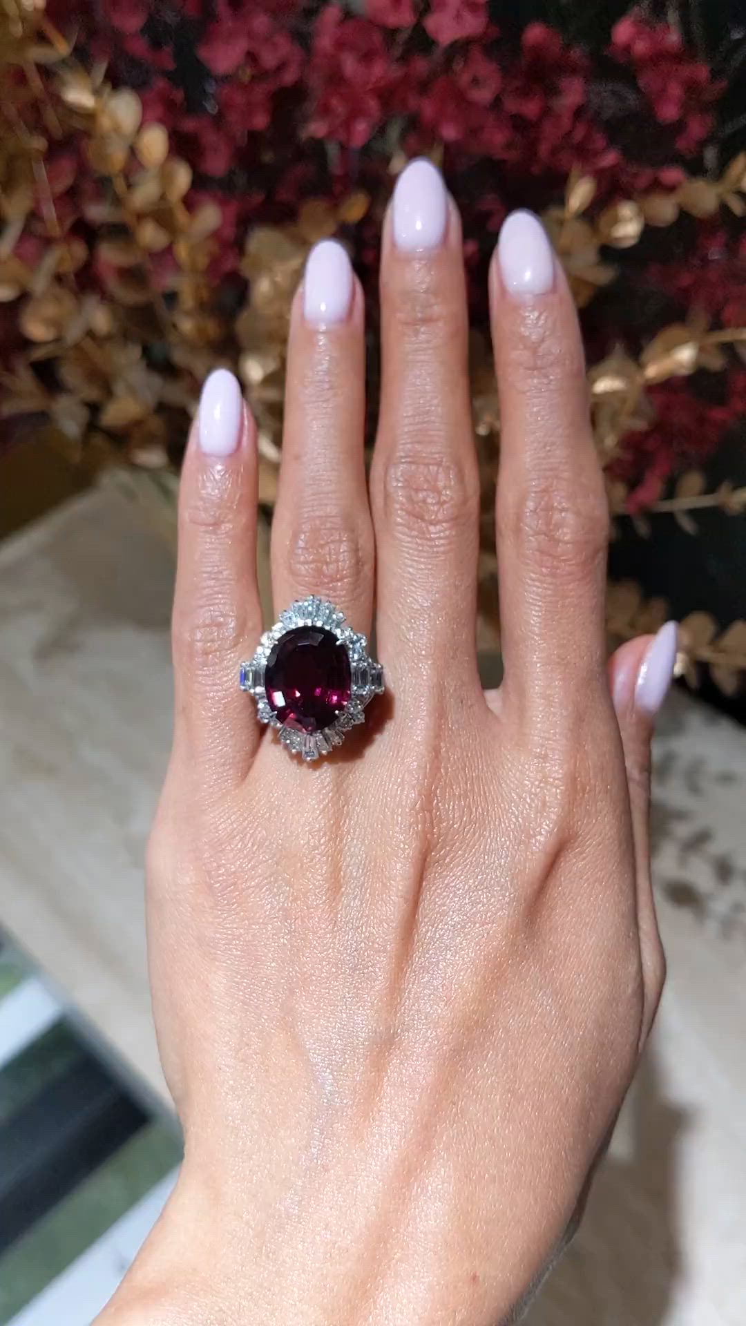 10.89 Ct. Purple Garnet and Natural Diamond Accent Stones Ring, Platinum 950 Size Video