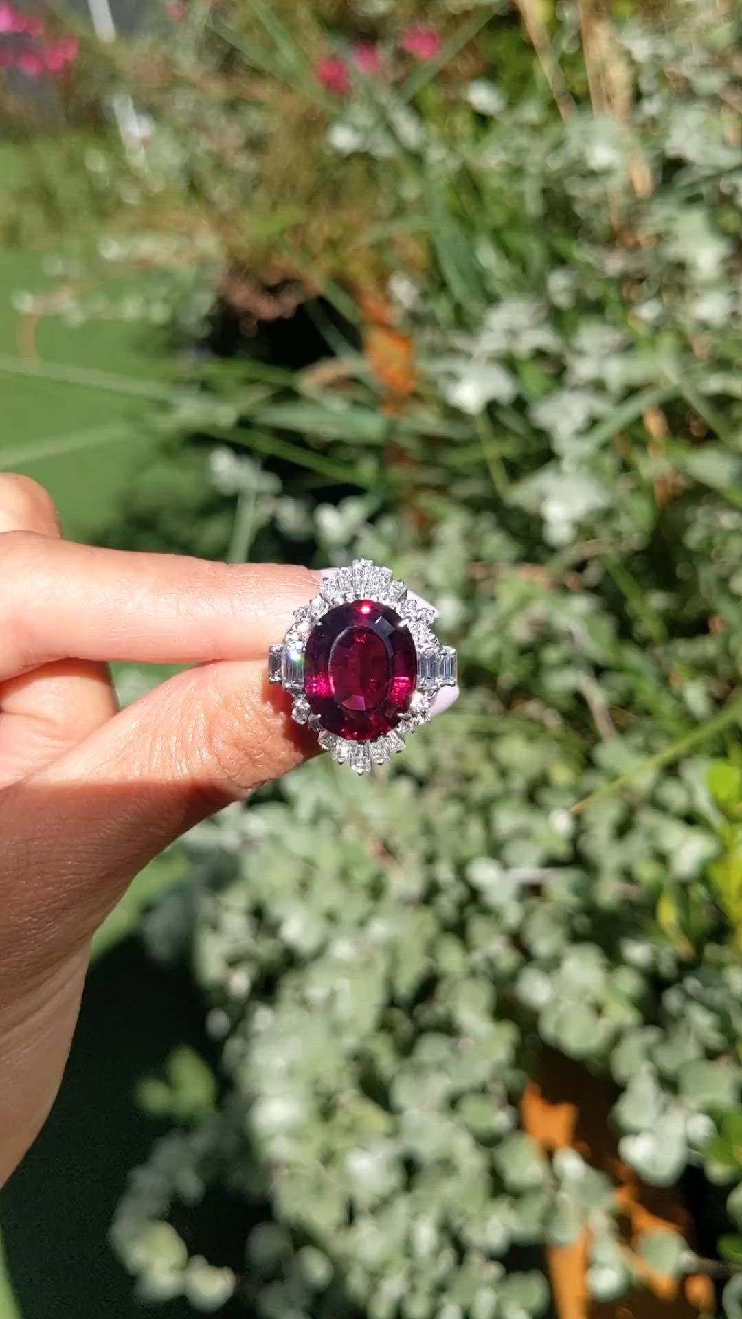 10.89 Ct. Purple Garnet and Natural Diamond Accent Stones Ring, Platinum 950 Size Video