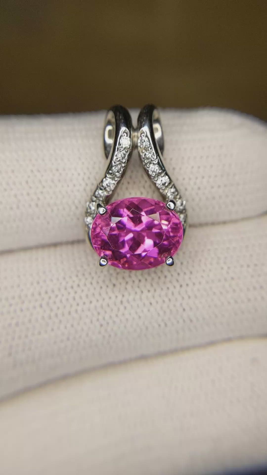 3.43 Ct. Pink Tourmaline and Natural Diamond Accent Stones Pendant, 18K White Gold Size Video