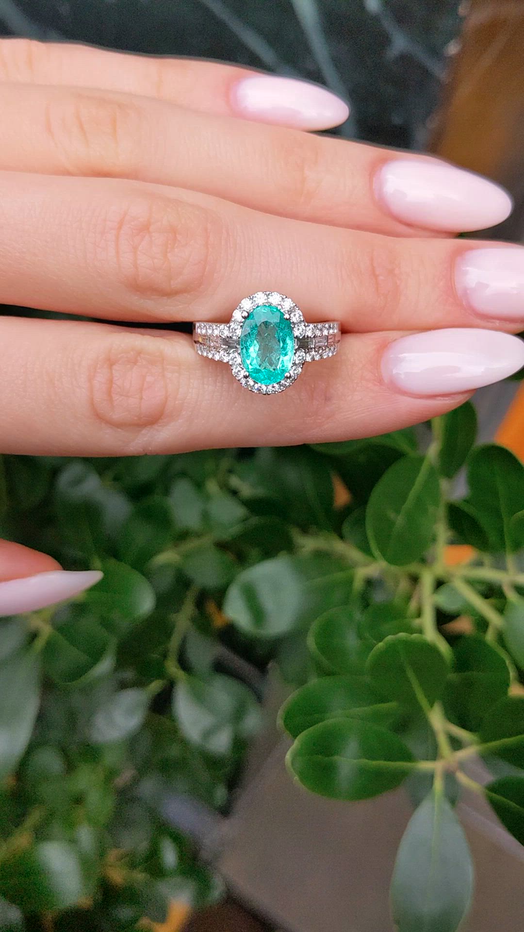 2.29 Ct. Bluish Green Paraiba Tourmaline and Natural Diamond Pave Ring, 18K White Gold Size Video