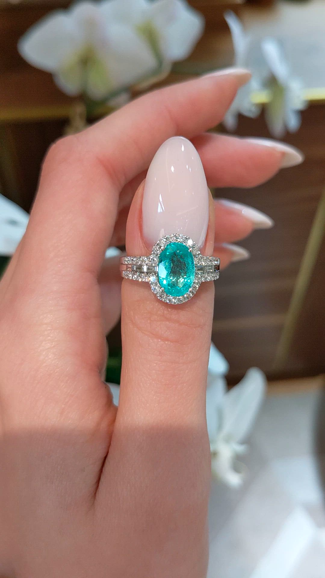 2.29 Ct. Bluish Green Paraiba Tourmaline and Natural Diamond Pave Ring, 18K White Gold Size Video