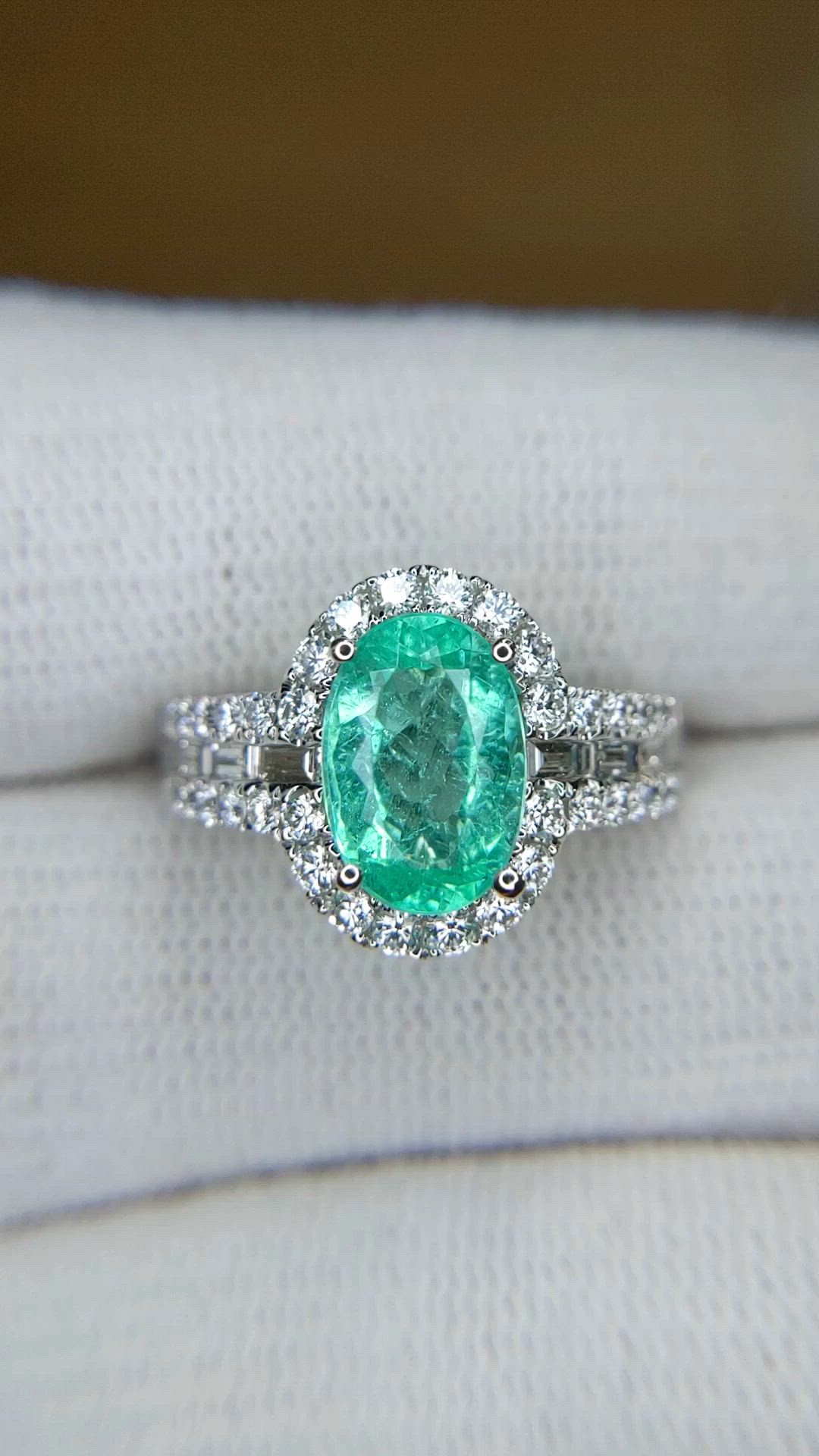 2.29 Ct. Bluish Green Paraiba Tourmaline and Natural Diamond Pave Ring, 18K White Gold Size Video