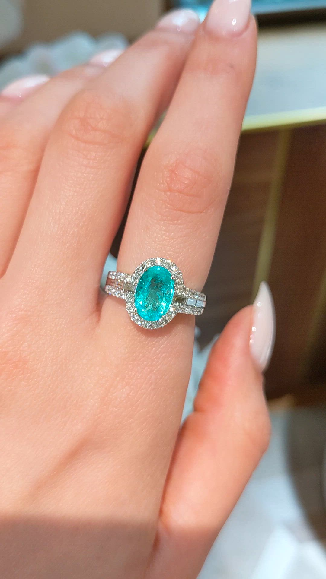 2.29 Ct. Bluish Green Paraiba Tourmaline and Natural Diamond Pave Ring, 18K White Gold Size Video