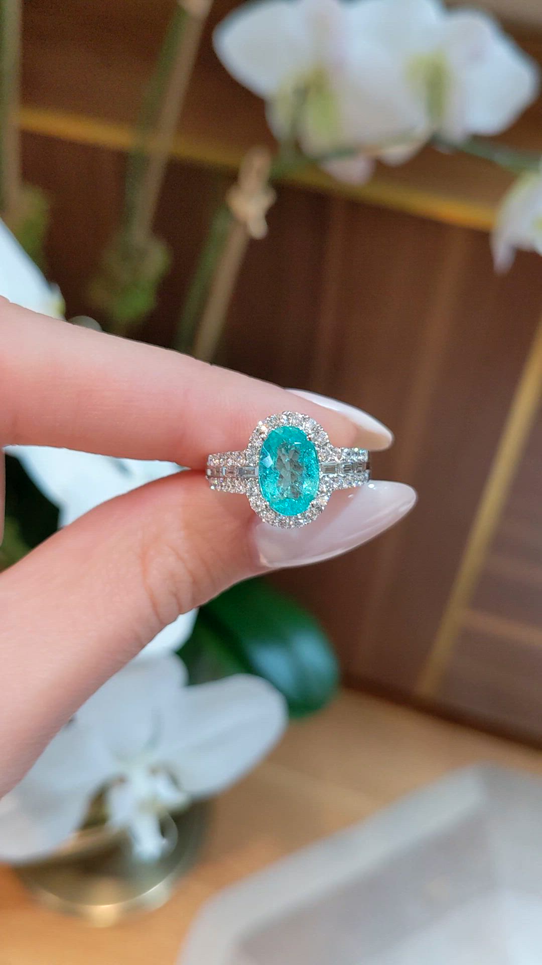 2.29 Ct. Bluish Green Paraiba Tourmaline and Natural Diamond Pave Ring, 18K White Gold Size Video