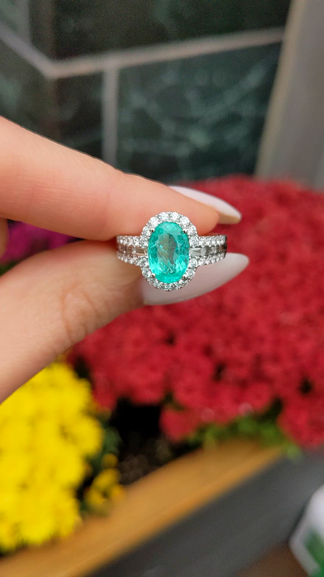 2.29 Ct. Bluish Green Paraiba Tourmaline and Natural Diamond Pave Ring, 18K White Gold Size Video