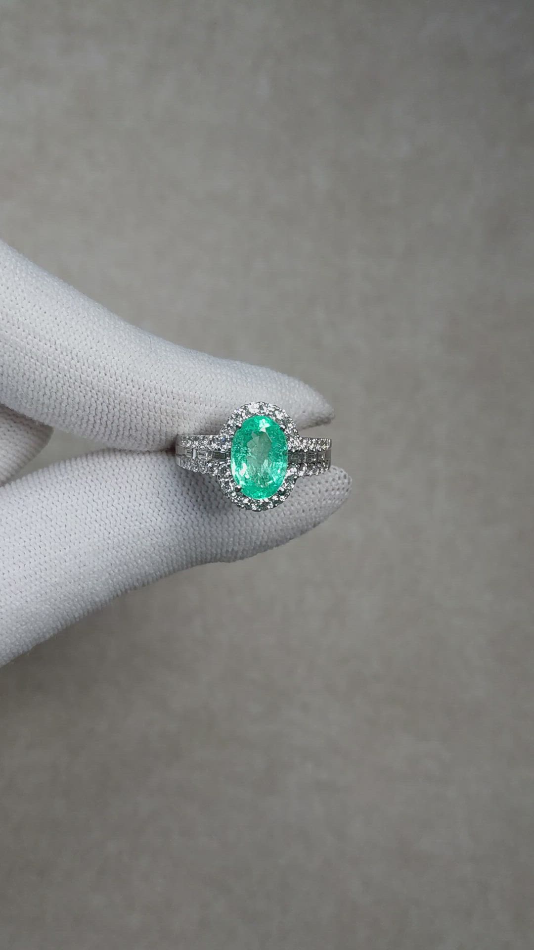 2.29 Ct. Bluish Green Paraiba Tourmaline and Natural Diamond Pave Ring, 18K White Gold Size Video