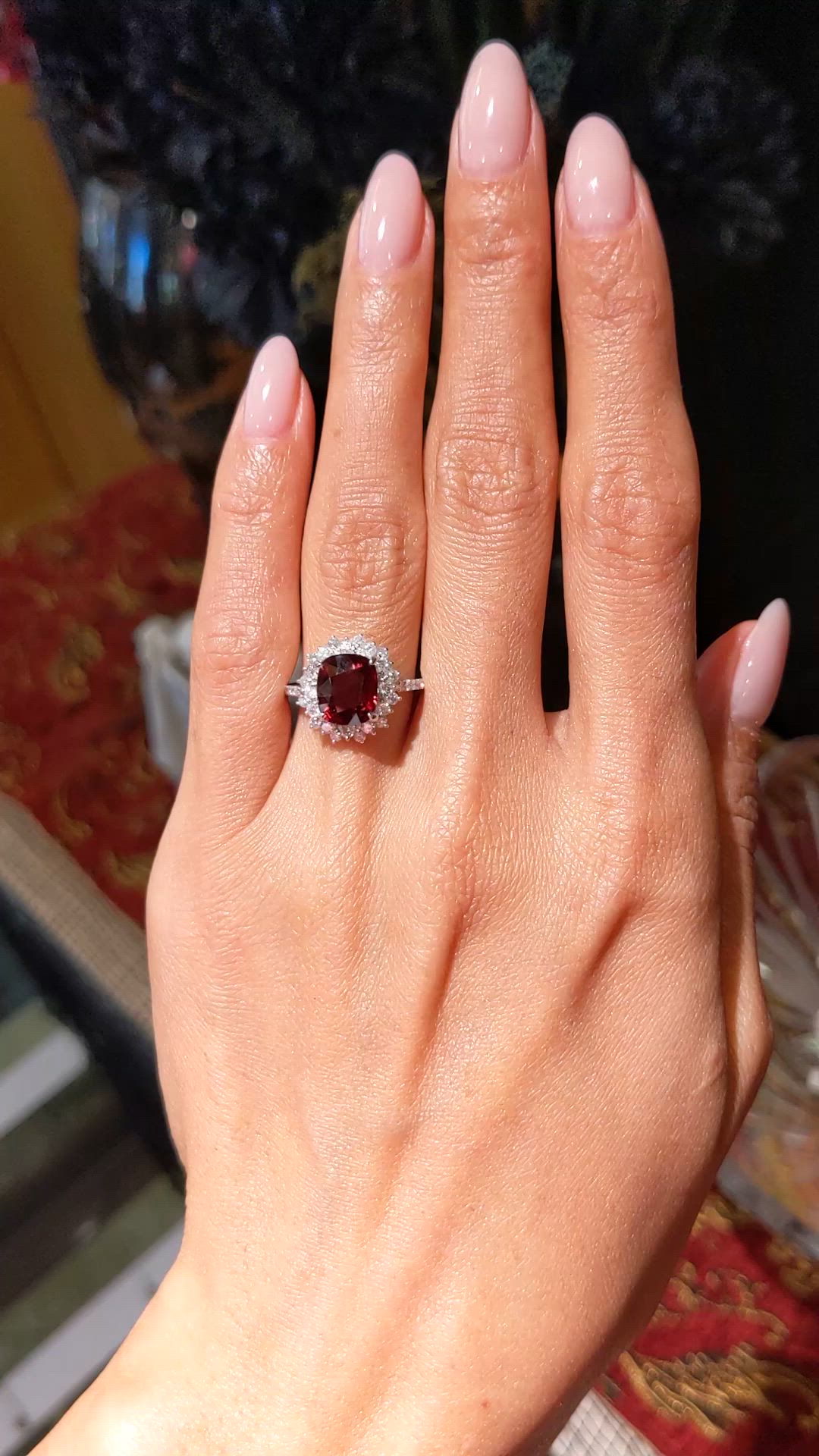 2.37 Ct. Red Spinel and Natural Diamond Pave Ring, Platinum 900 Size Video