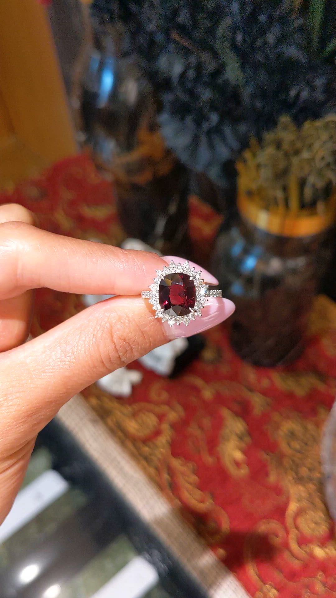 3.29 Ct. Red Spinel and Natural Diamond Pave Ring, Platinum 900 Size Video