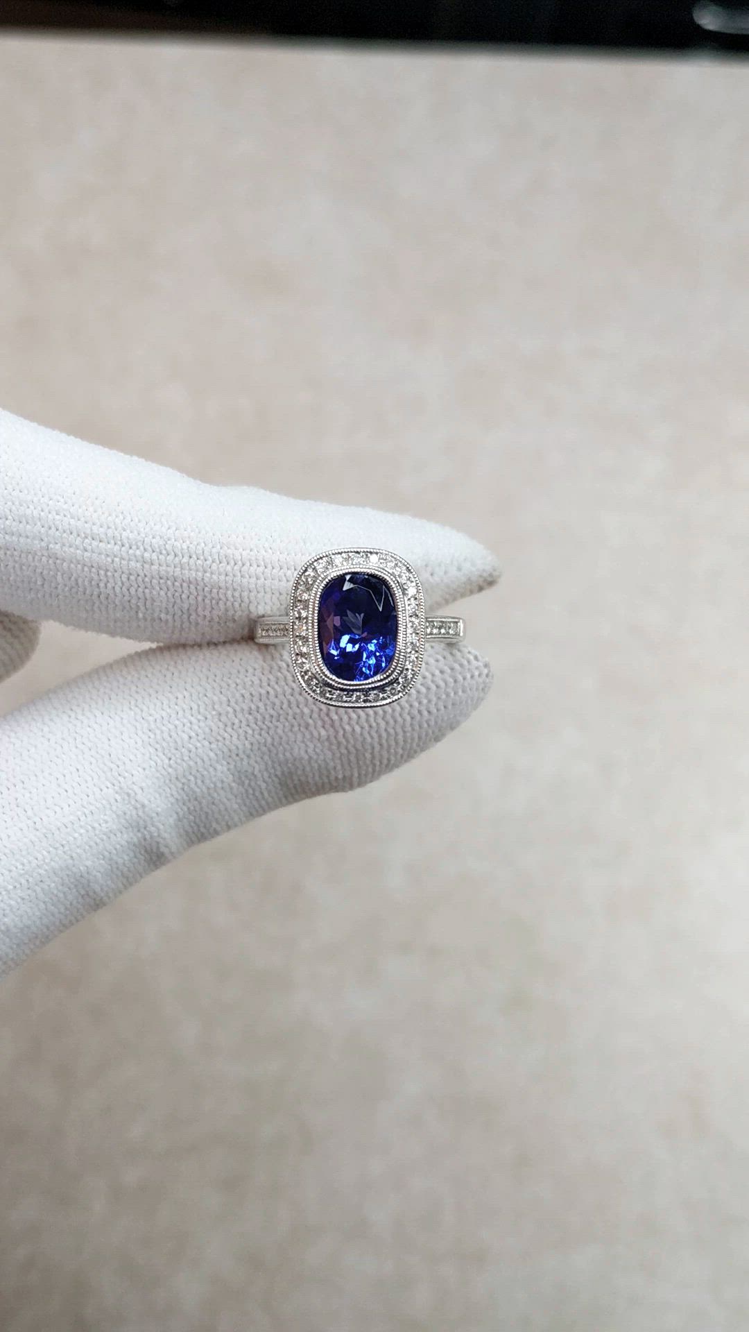 2.53 Ct. Violet Tanzanite and Natural Diamond Pave Ring, 14K White Gold Size Video