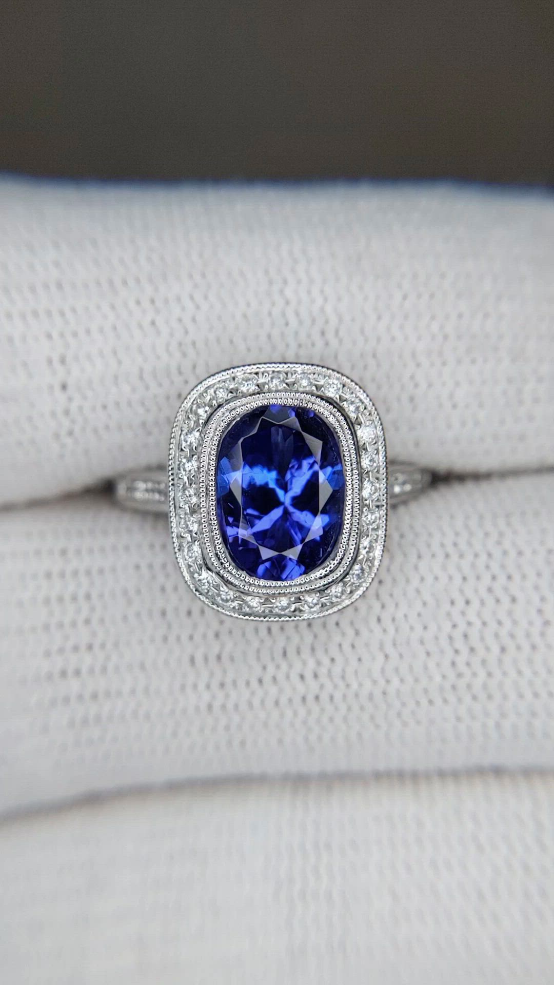 2.53 Ct. Violet Tanzanite and Natural Diamond Pave Ring, 14K White Gold Size Video