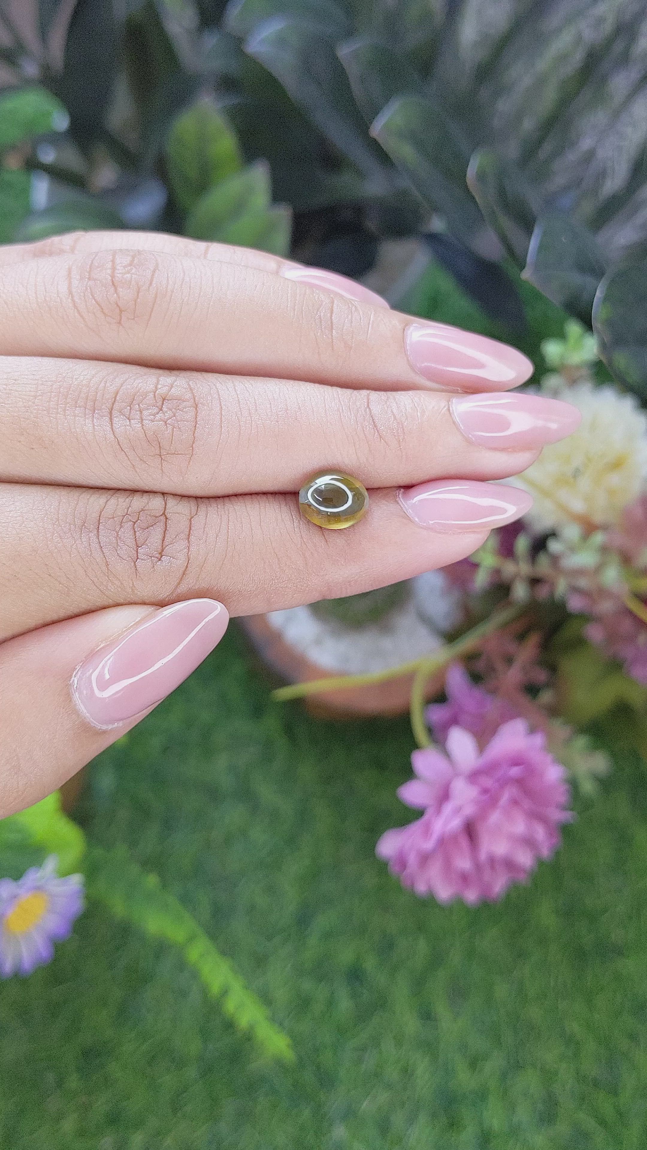 2.62 Ct. Brownish Green Cabochon Chrysoberyl from Madagascar Size Video