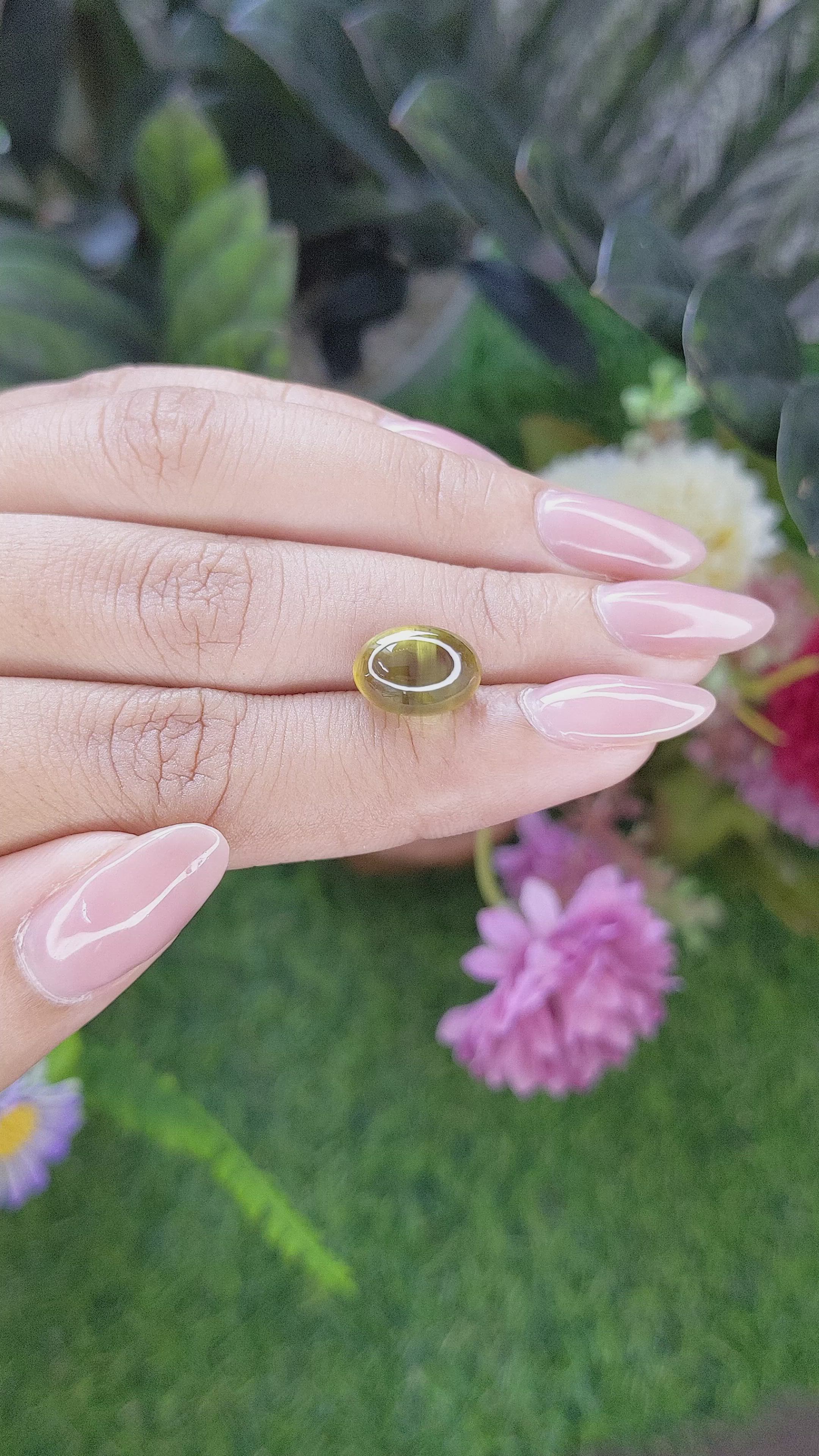 7.16 Ct. Yellowish Green Cabochon Chrysoberyl from Ceylon (Sri Lanka) Size Video