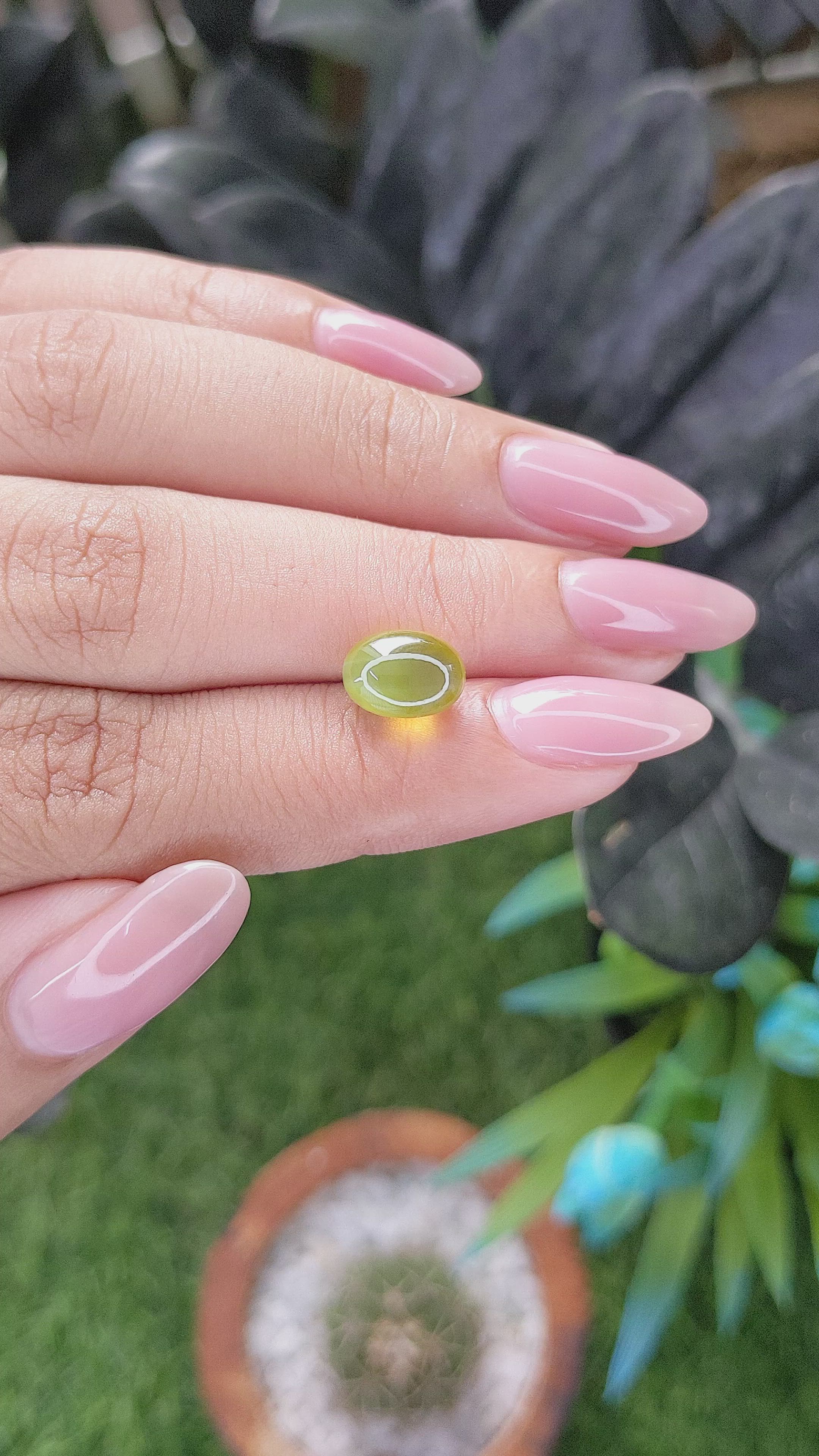 4.58 Ct. Yellowish Green Cabochon Chrysoberyl from Madagascar Size Video