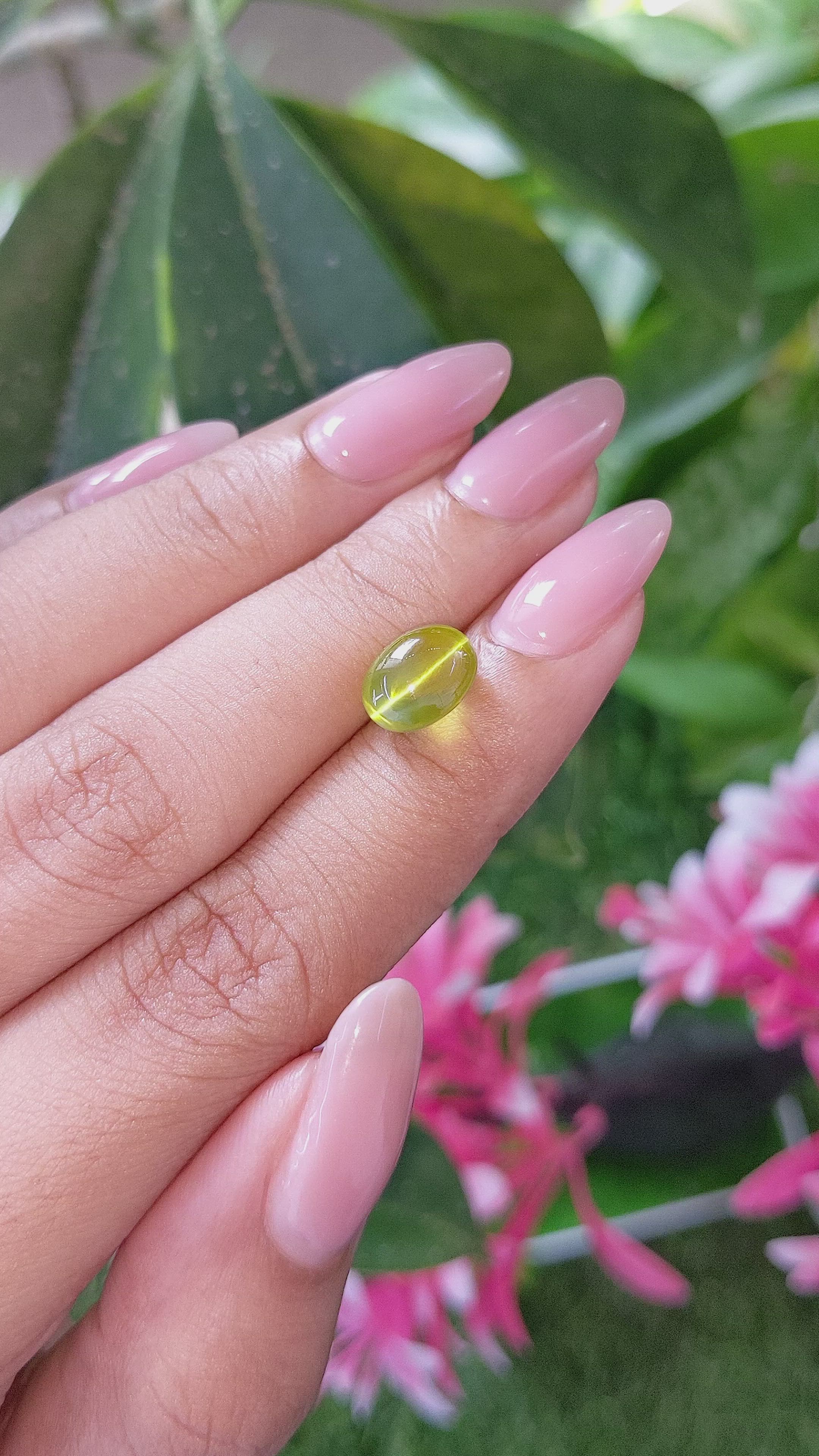 4.58 Ct. Yellowish Green Cabochon Chrysoberyl from Madagascar Size Video