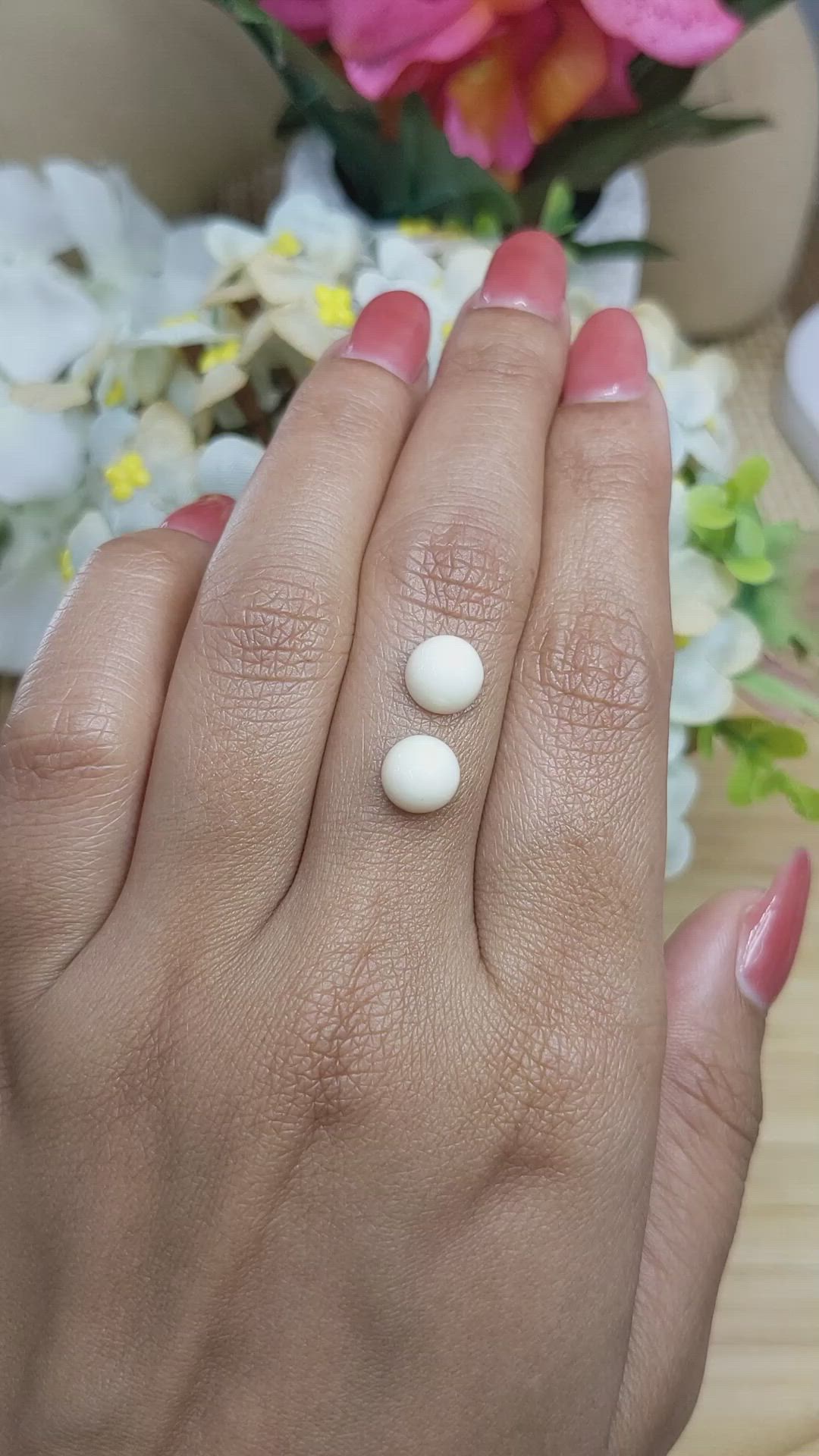 3.59 Ct.Tw.Total Carat Weight Salmon and White Cabochon Coral Pair from Italy Size Video