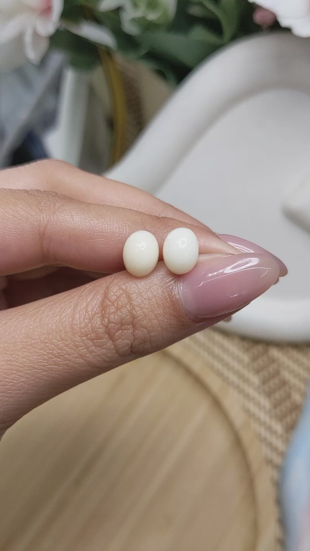 4.98 Ct.Tw.Total Carat Weight Salmon and White Cabochon Coral Pair from Italy Size Video