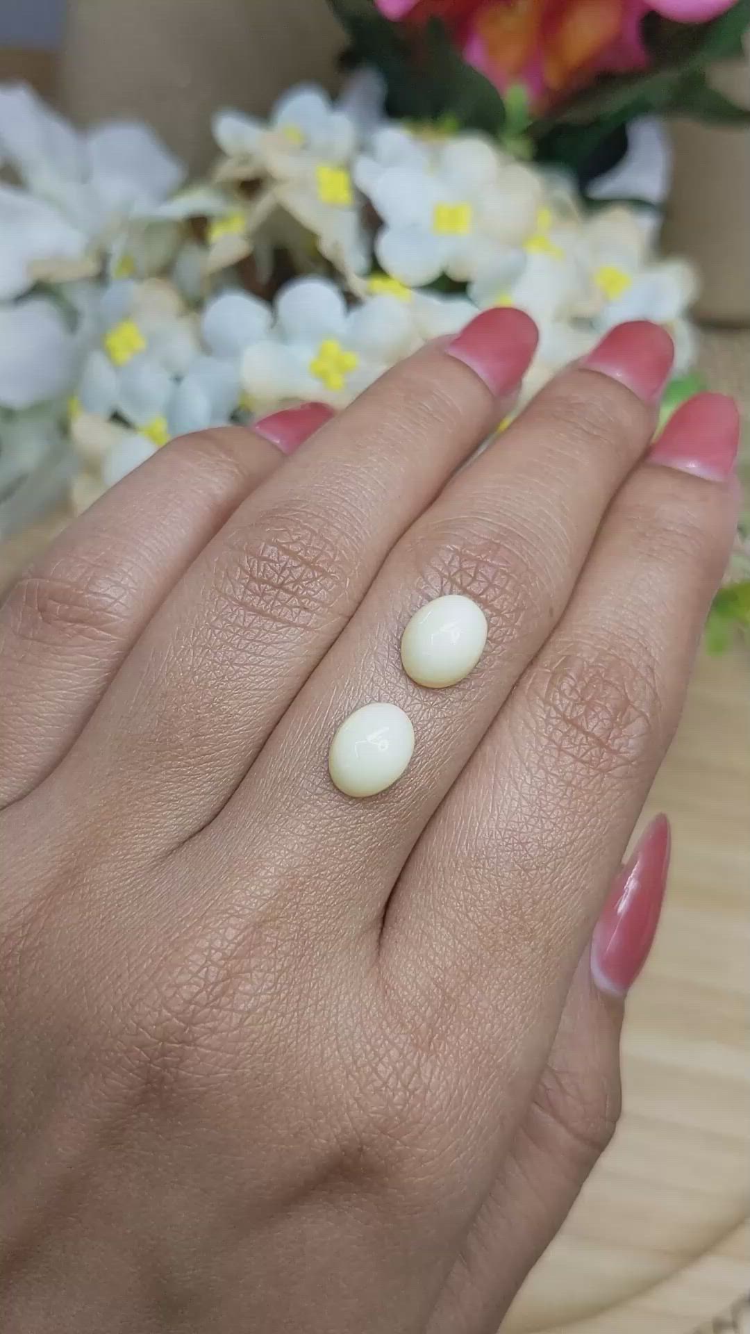 4.20 Ct.Tw.Total Carat Weight Salmon and White Cabochon Coral Pair from Italy Size Video