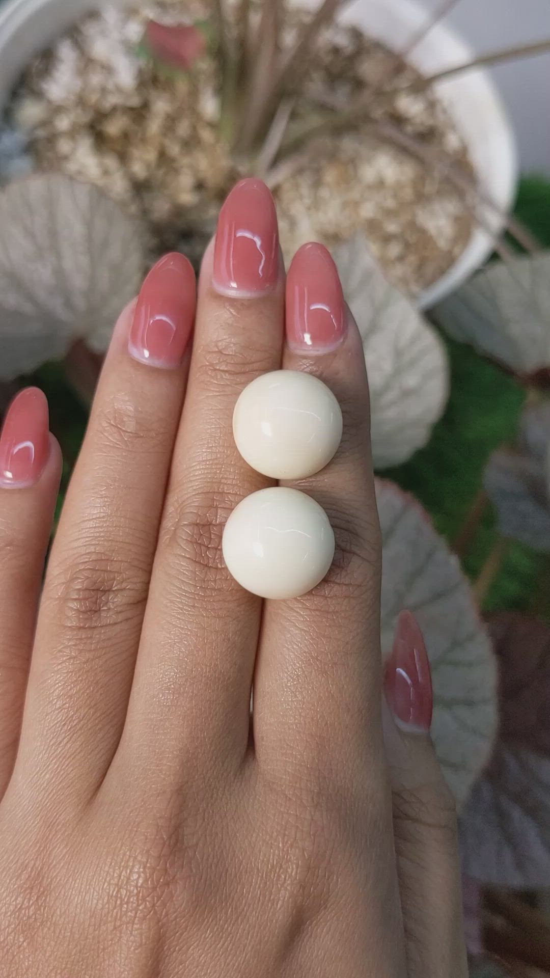 37.81 Ct.Tw.Total Carat Weight Salmon and White Cabochon Coral Pair from Italy Size Video