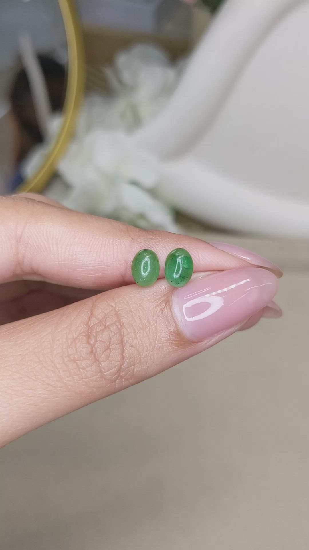 1.50 Ct.Tw.Total Carat Weight Green Cabochon Jade Pair from Burma (Myanmar) Size Video