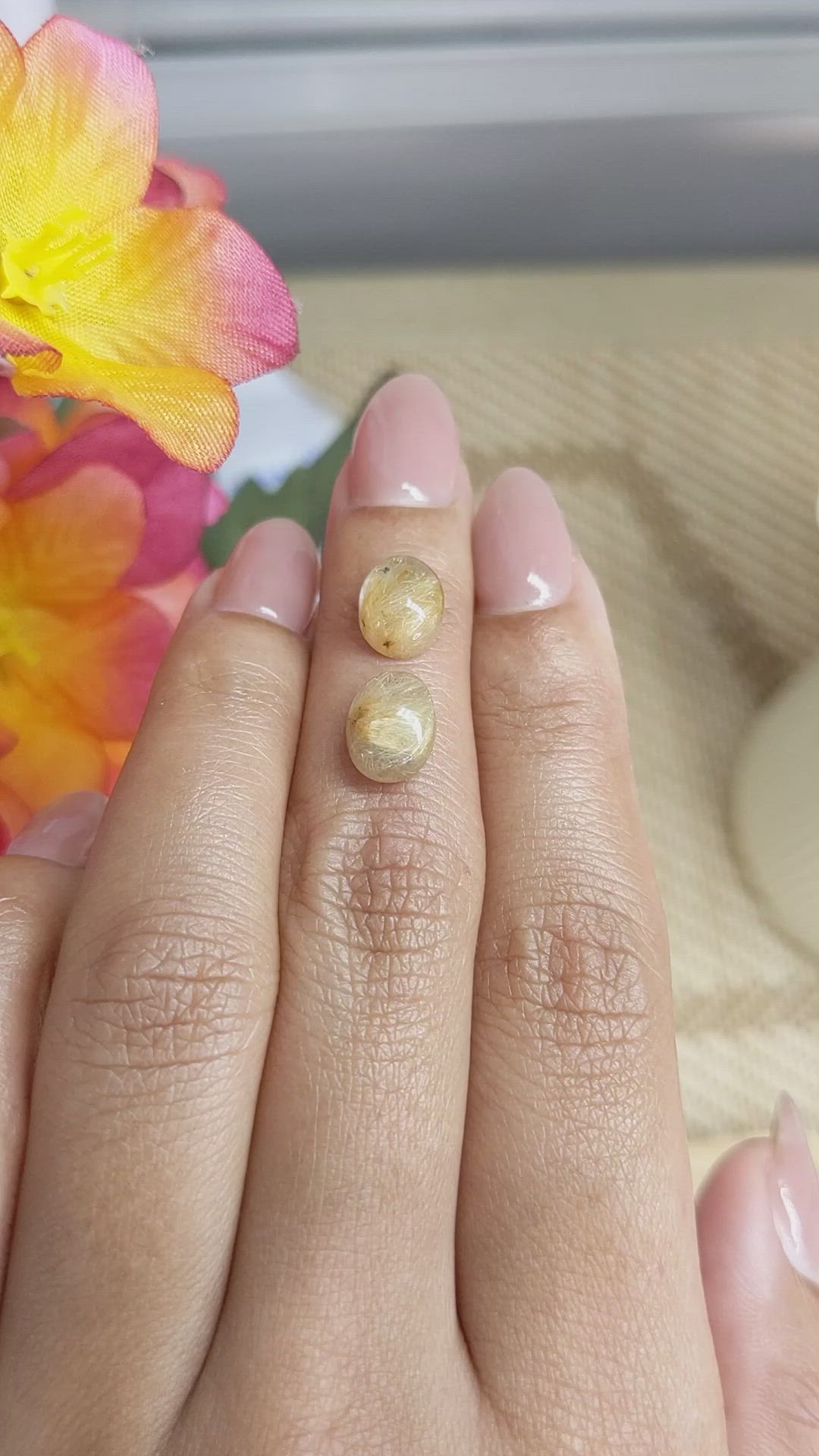 4.91 Ct.Tw.Total Carat Weight Brown Cabochon Rutilated Quartz Pair from Ceylon (Sri Lanka) Size Video