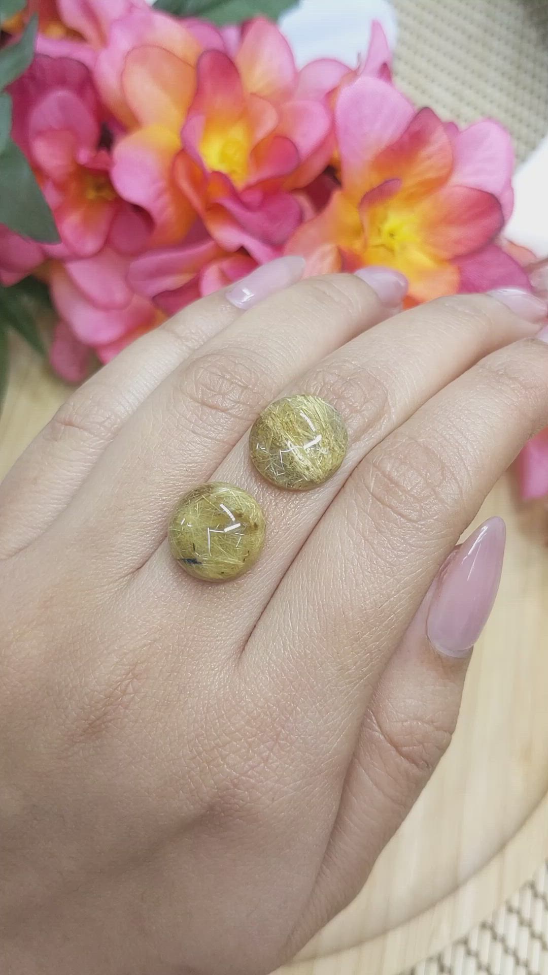 15.98 Ct.Tw.Total Carat Weight Brown Cabochon Rutilated Quartz Pair from Ceylon (Sri Lanka) Size Video
