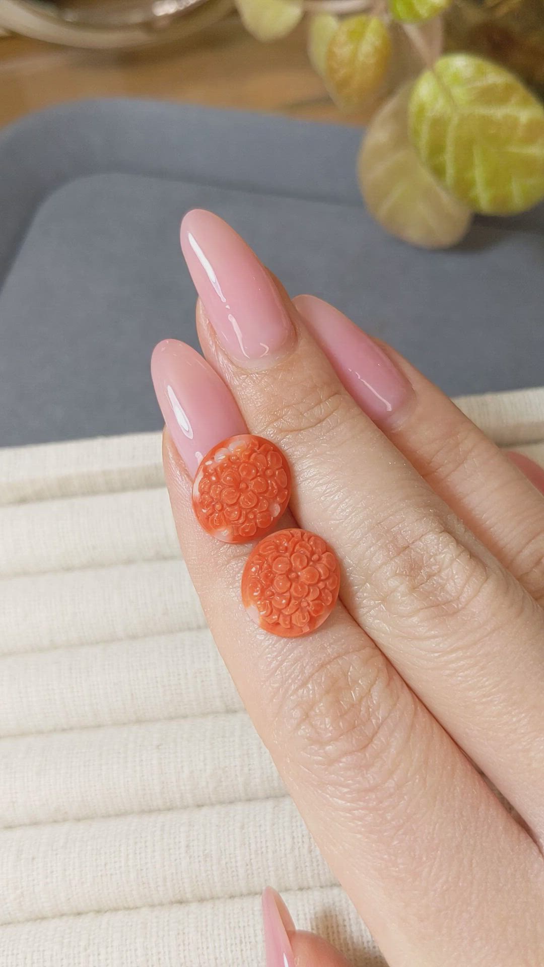 8.27 Ct.Tw.Total Carat Weight Salmon and White Coral Pair from Japan Size Video
