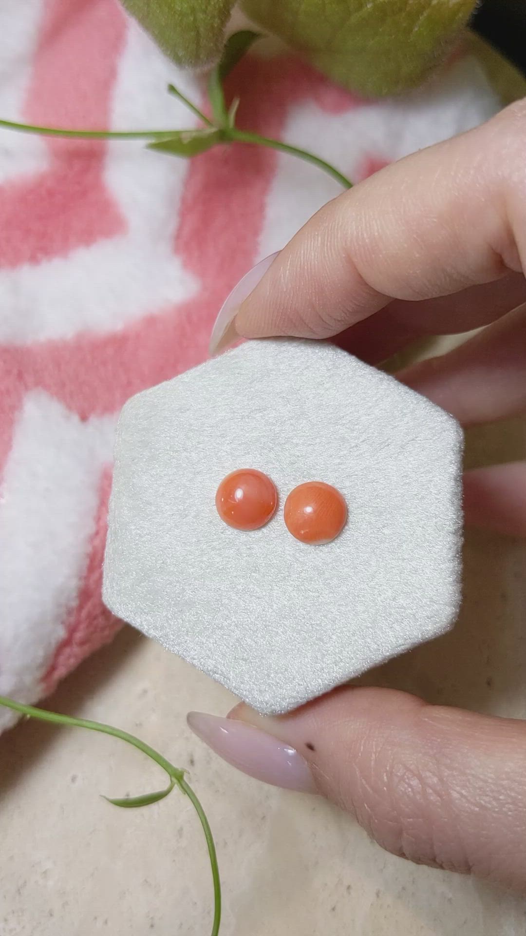 2.30 Ct.Tw.Total Carat Weight Cabochon Coral Pair from Italy Size Video