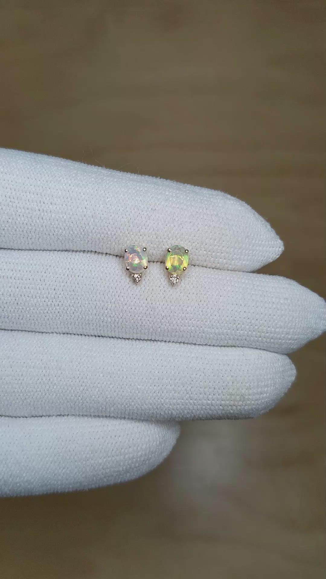 1.75 Ct.Tw. Opal Natural Diamond Studs Earrings, 14K Yellow Gold Size Video