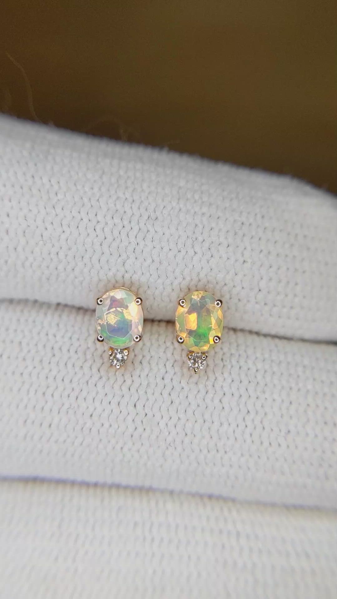 1.75 Ct.Tw. Opal Natural Diamond Studs Earrings, 14K Yellow Gold Size Video