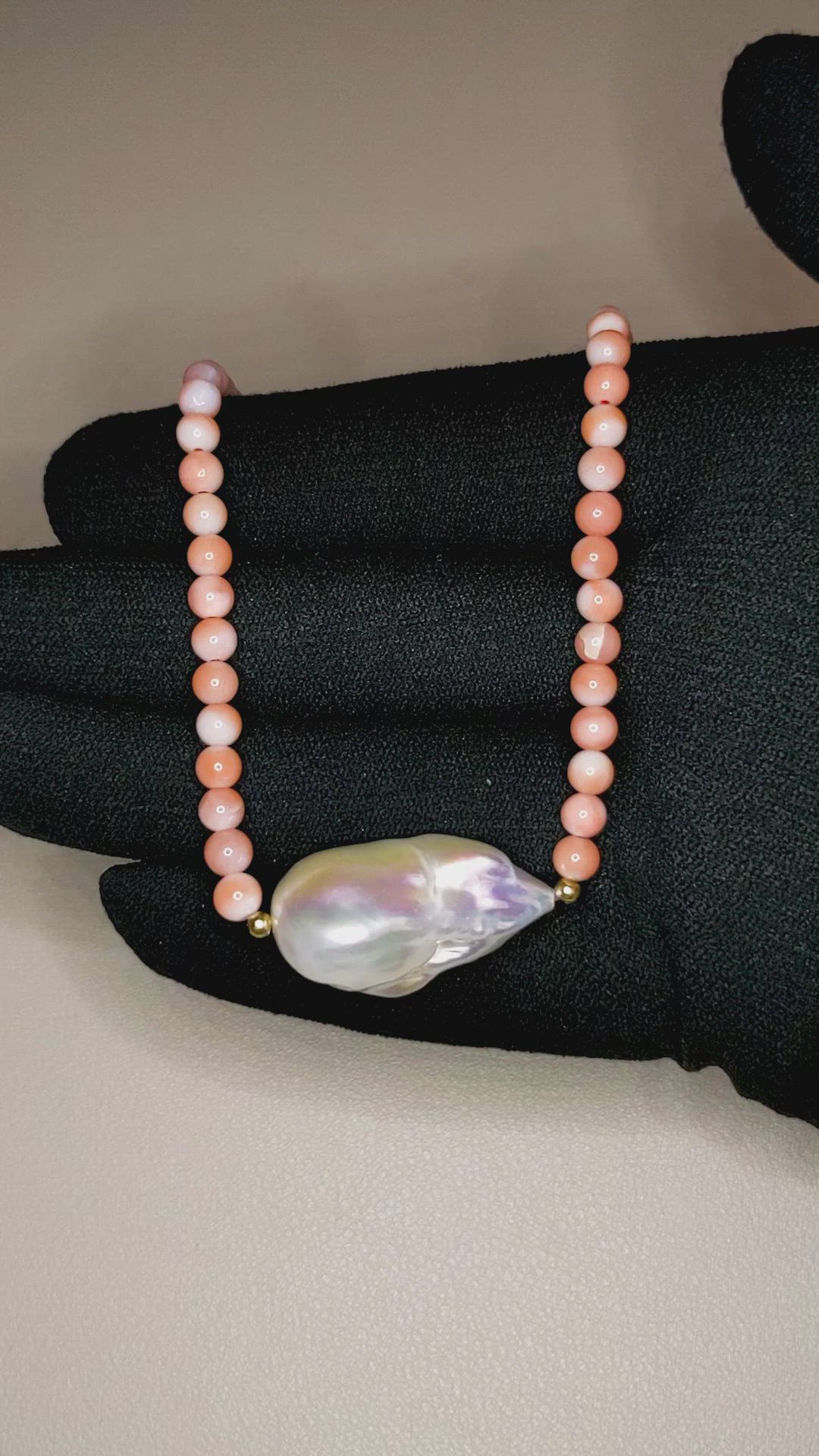 30.71 Ct. Pearl Coral Multi Stone Necklace, 18K Yellow Gold Size Video