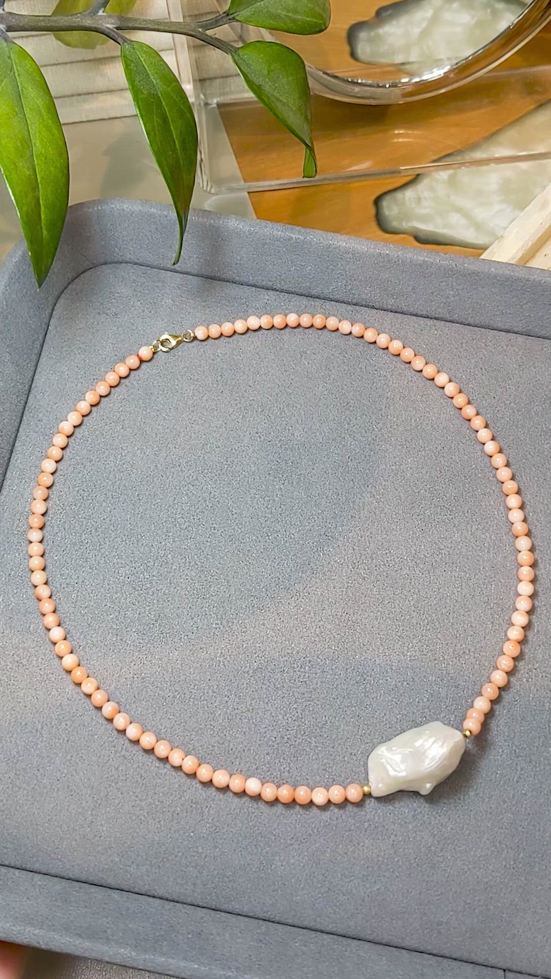 30.71 Ct. Pearl Coral Multi Stone Necklace, 18K Yellow Gold Size Video