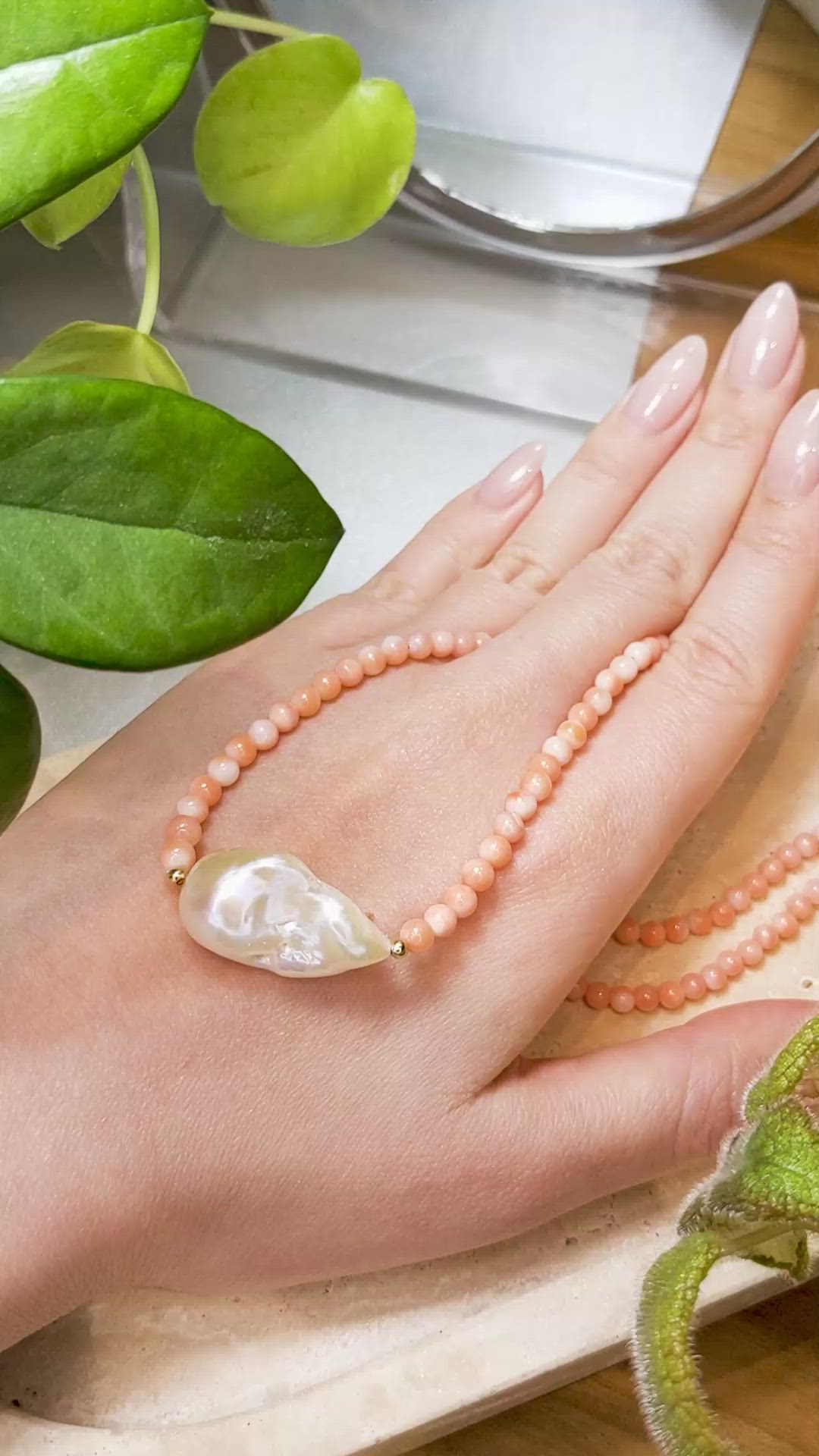 33.72 Ct. Pearl Coral Multi Stone Necklace, 18K Yellow Gold Size Video