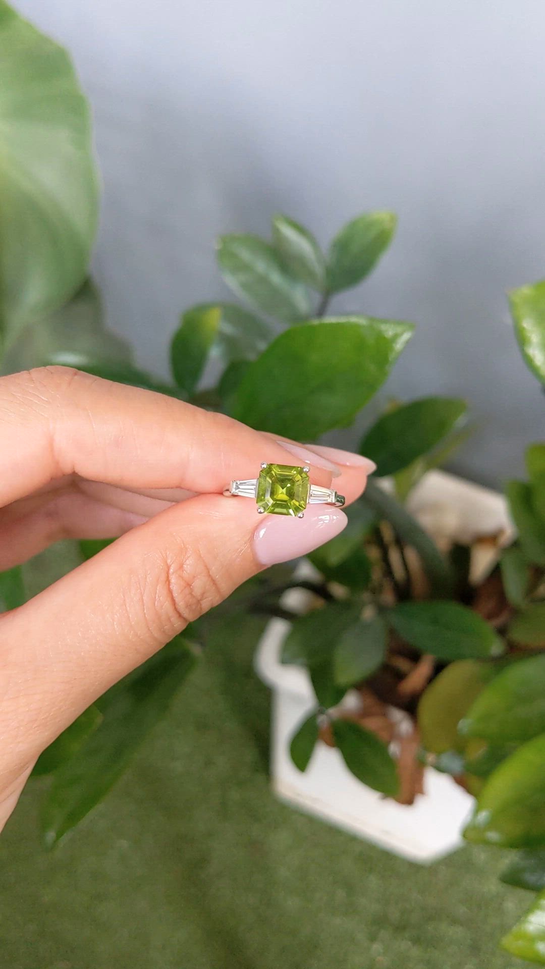 1.83 Ct. Green Peridot and Natural Diamond Three Stone Ring, Platinum 950 Size Video